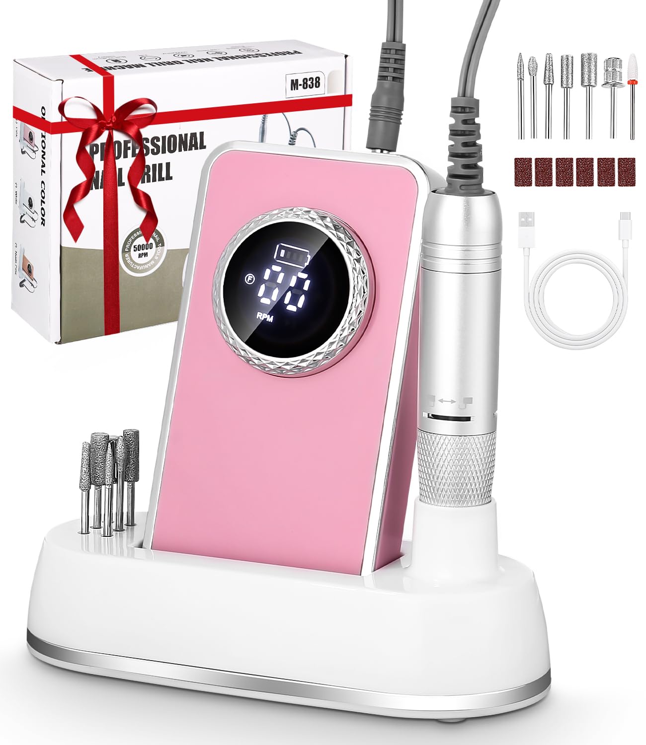 Torno para Uñas Profesional 50000RPM,Taladro Eléctrico para Uñas Profesional,Lima Electrica Uñas,Kit de Lima Portátil para Uñas de Gel con Pantalla LED para Hogar y Salón