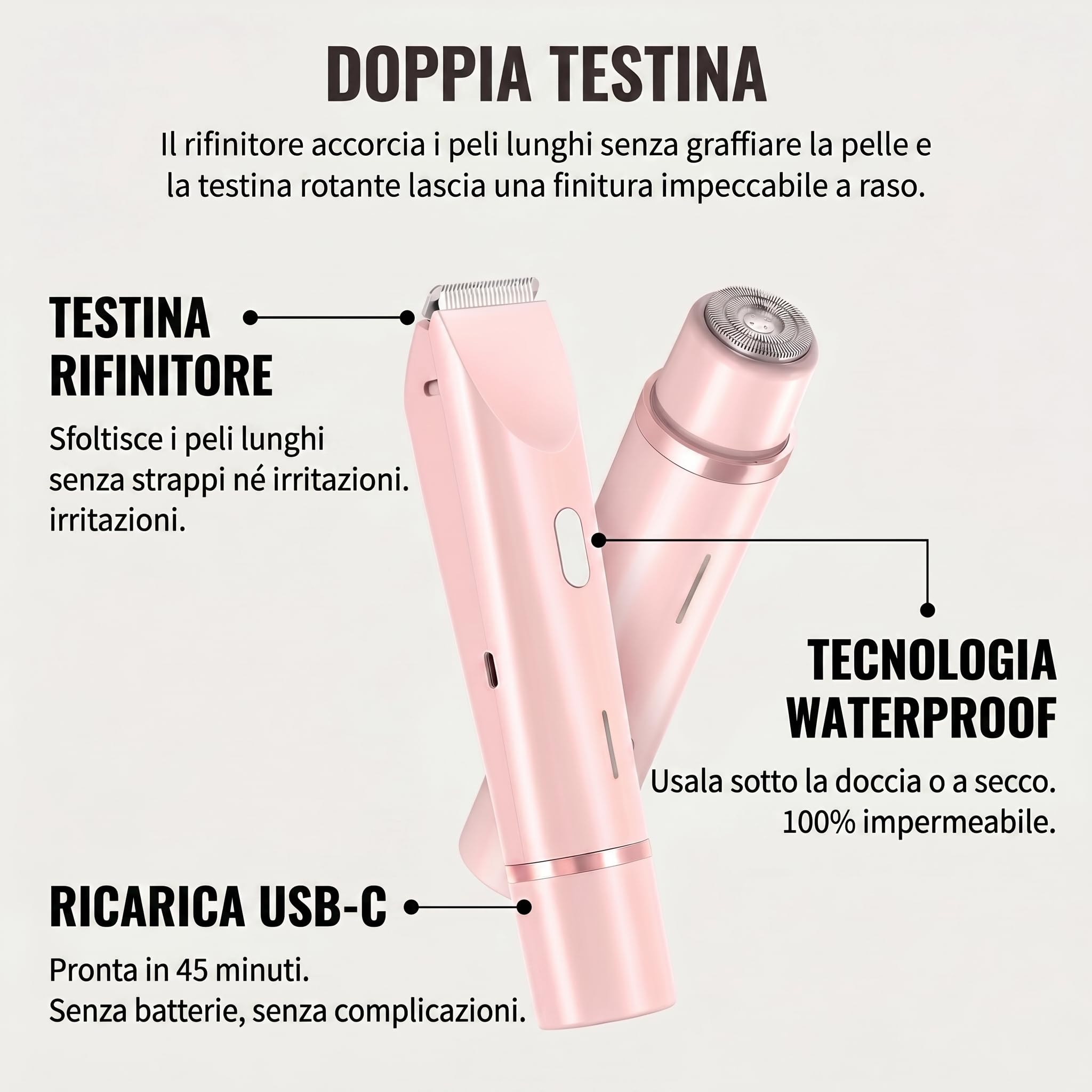 sovalya rasoio Rifinitore Intimo 2 in 1 Donna IPX10 con Lame Ceramica | 2 testine, IPX7, uso wet dry, zona bikini, viso e corpo, ricarica rapida, lame in ceramica, design compatto