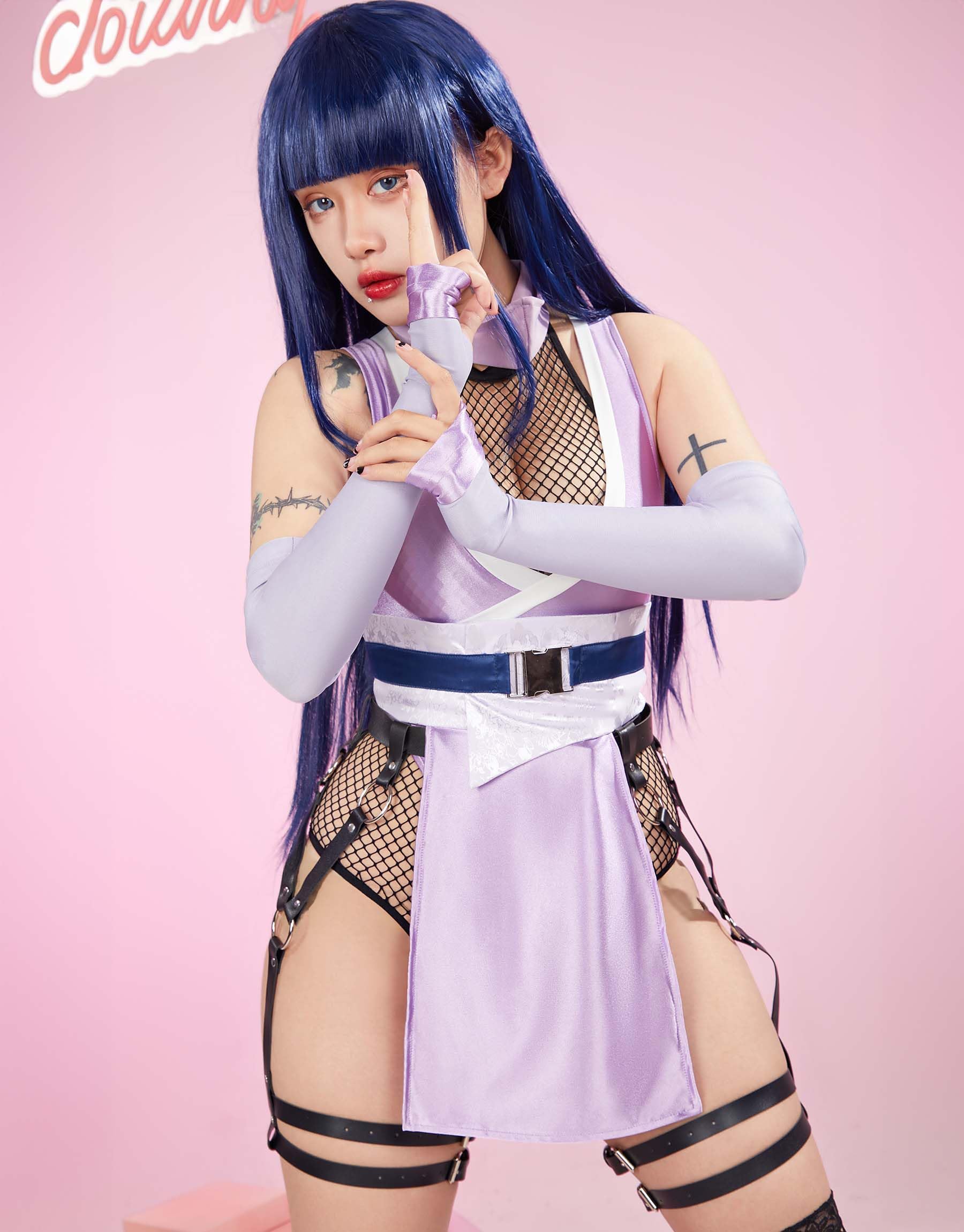 Mobbunny Womens Anime Cosplay Costume Purple High Slit Bodysuit Fishnet Mesh Bodysuit with Mask and Thigh Socks: Medium Purple