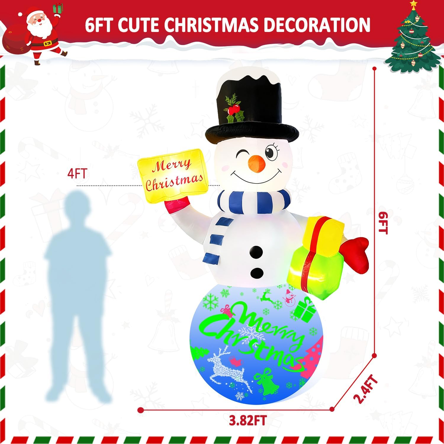 6FT Christmas Inflatables Snowman Outdoor Christmas Decorations Blow Up Snow Man Decor Built-in Rotating Music Box LED Light Wear Magic Hat for Indoor Yard Holiday Party Garden Xmas New Year
