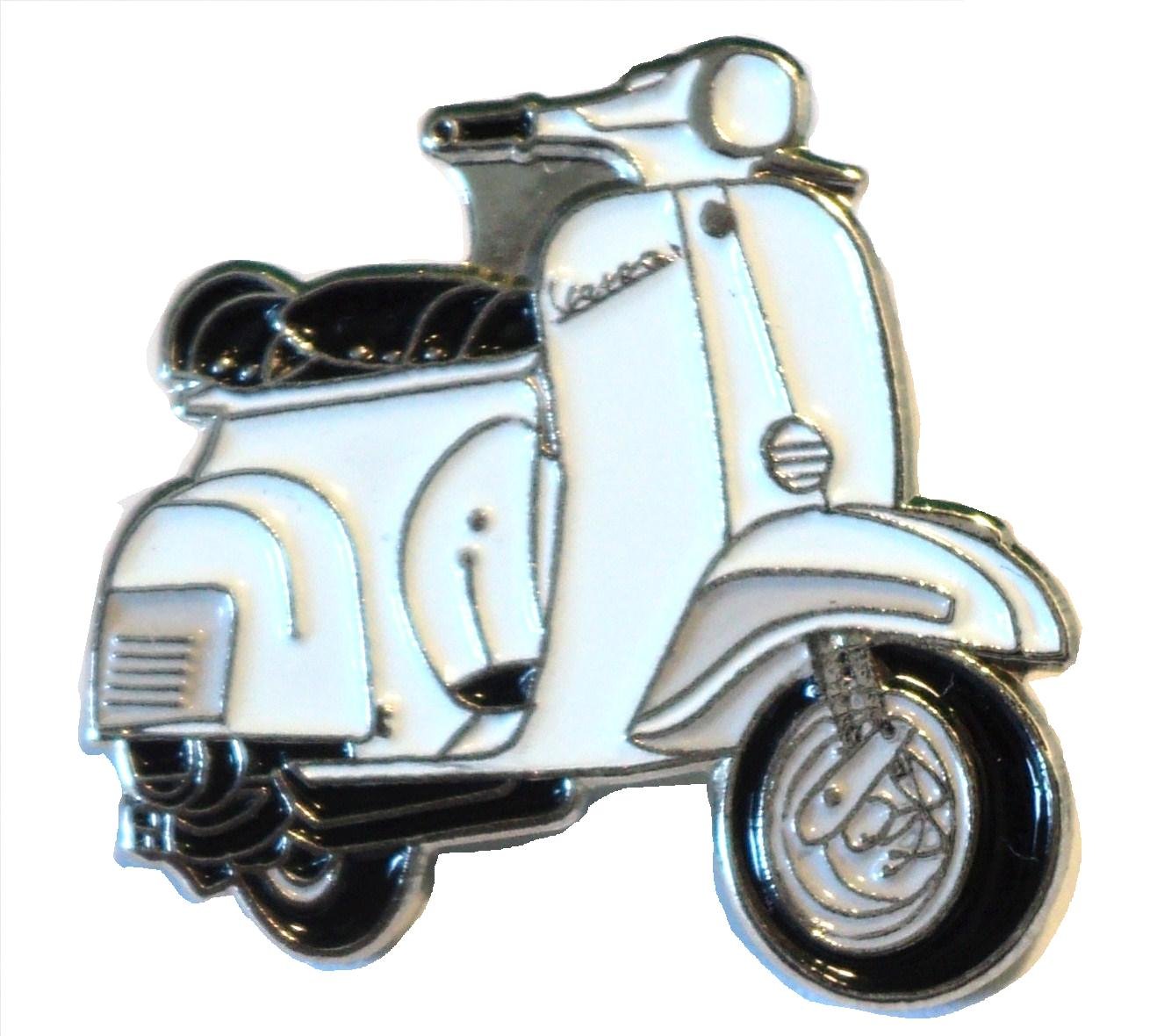 White Vespa Scooter MOD Scooterist Metal Enamel Badge