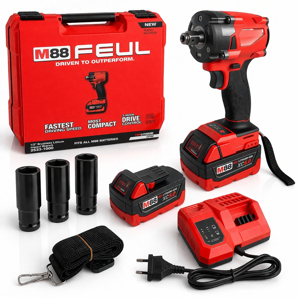 Avvitatore a Impulsi a Batteria 88V 5Ah 350Nm 2400RPM con Attacco Quadro da 1/2" con Motore Brushless e Luce Led Integrata 3 Velocità con 2 Batterie per Auto e Officina