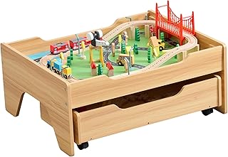 Train Table, 3-in-1 Wooden Kids Train Table with Storage Drawer, Rolling Kids Activity Table with Wheels, Toddler Train Track Table DIY Design for Gaming, Drawing, Building