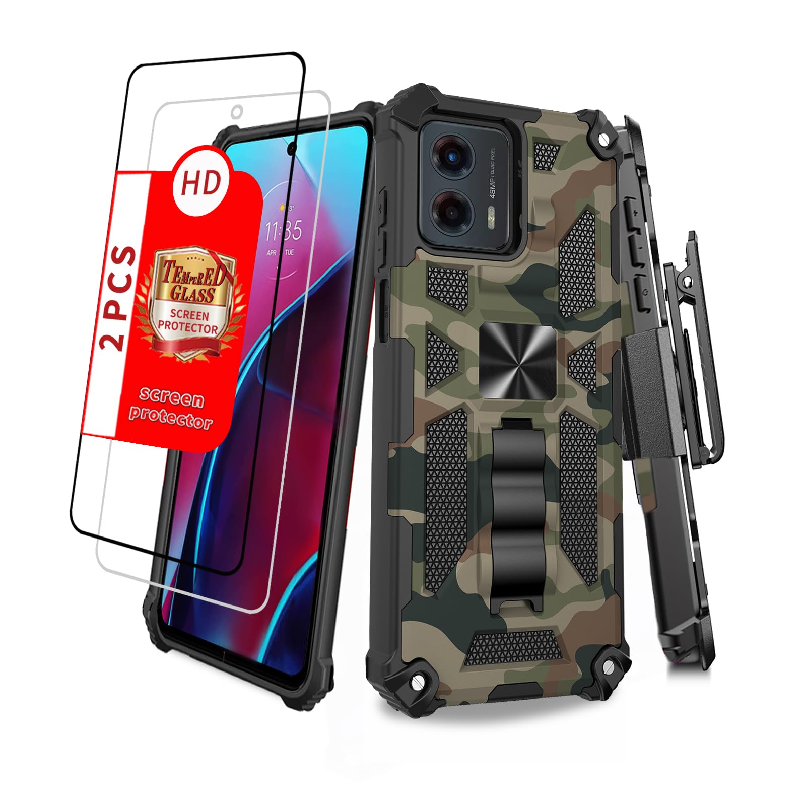 Military Grade Shockproof Phone Case for Moto G 5G 2023 with Screen Protector, Built-in Kickstand, Holster, Belt Clip, and Camouflage Design (Green