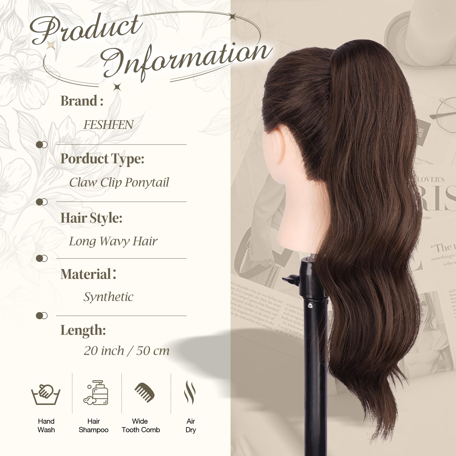 FESHFEN Coda Capelli Extension con Pinza 50 cm Lunga Ondulato Coda di Cavallo Clip Extension Marrone Cioccolato Sintetico Claw Clip in Ponytail per Donna