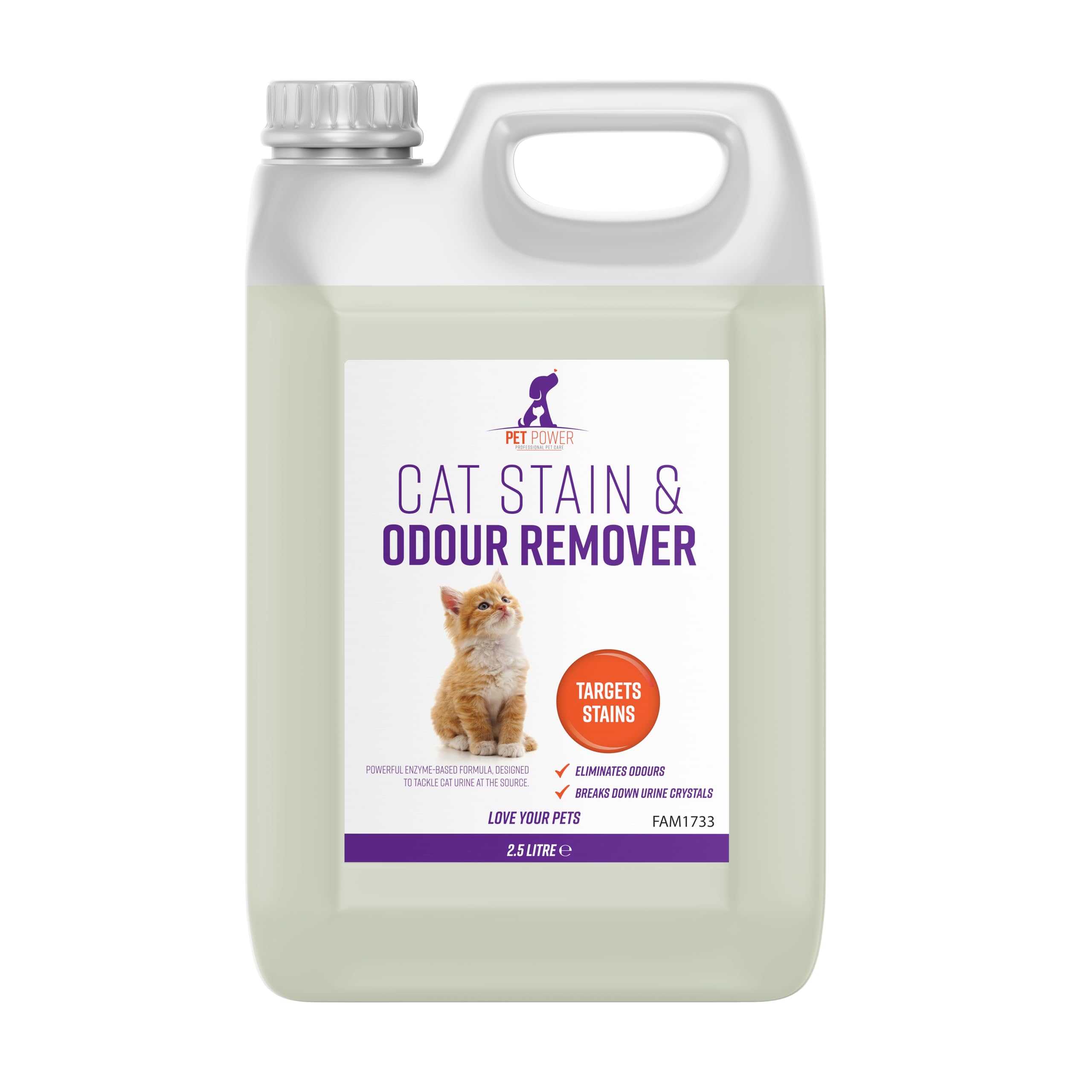 Pet Power - Cat Urine & Odour Remover - 2.5L Enzyme Cleaner - Eliminates Cat Accidents, Vomit & Bedding Smells - Safe for Pets Once Dried - Carpet, Sofa & Floors