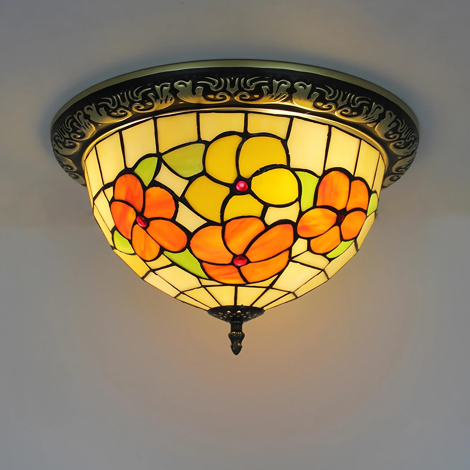WDBZTJ Tiffany Style Ceiling Light Flush Mount, 15 inch Stained Glass Ceiling Lamp, E27 Bulb, Vintage LED Chandeliers for Living Room Bedroom(B2)