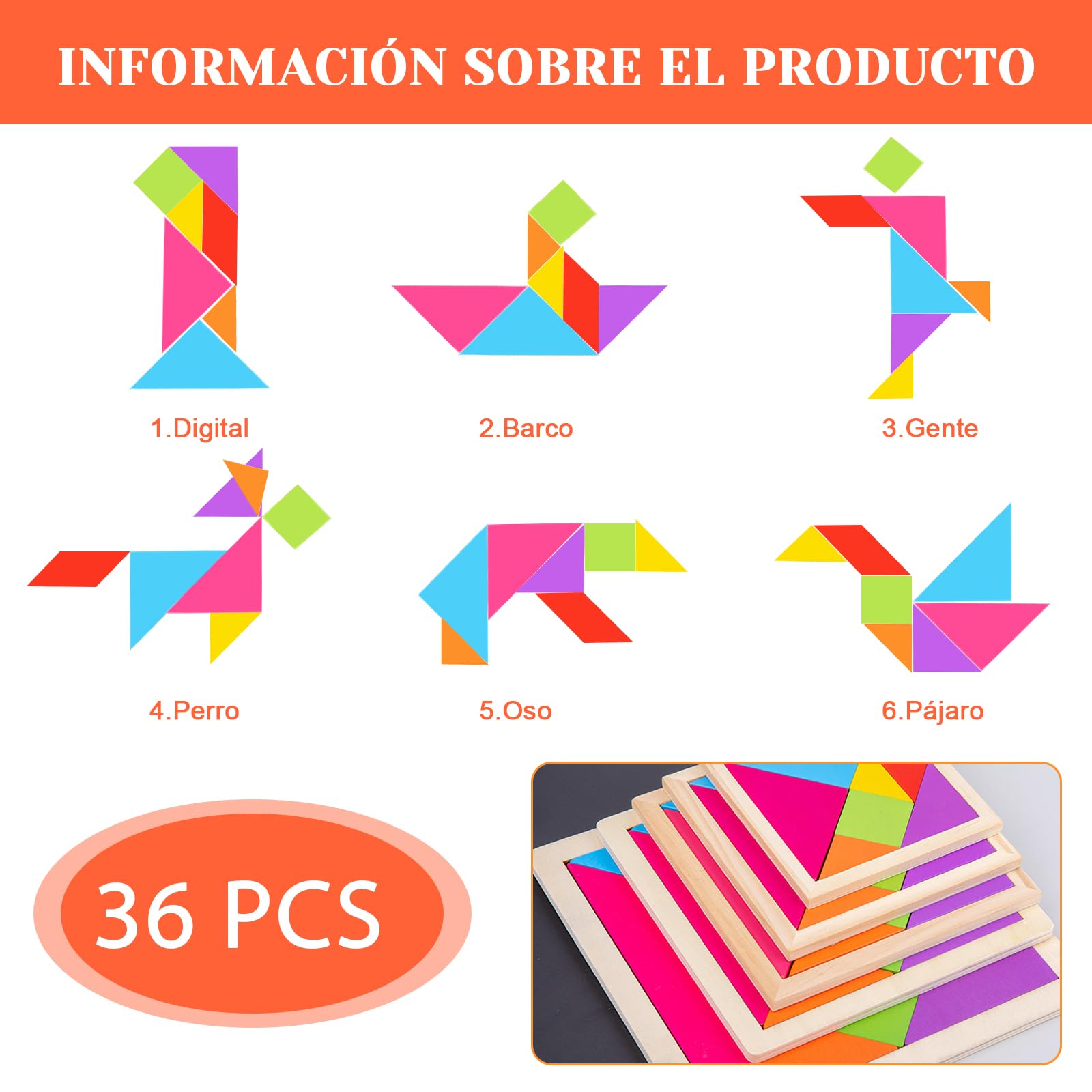 Set di Tangram in legno per bambini, regali di compleanno per bambini, Giocattoli educativi tipo Montessori Compleanno Puzzle per la scuola per bambini (36 Pezzi)