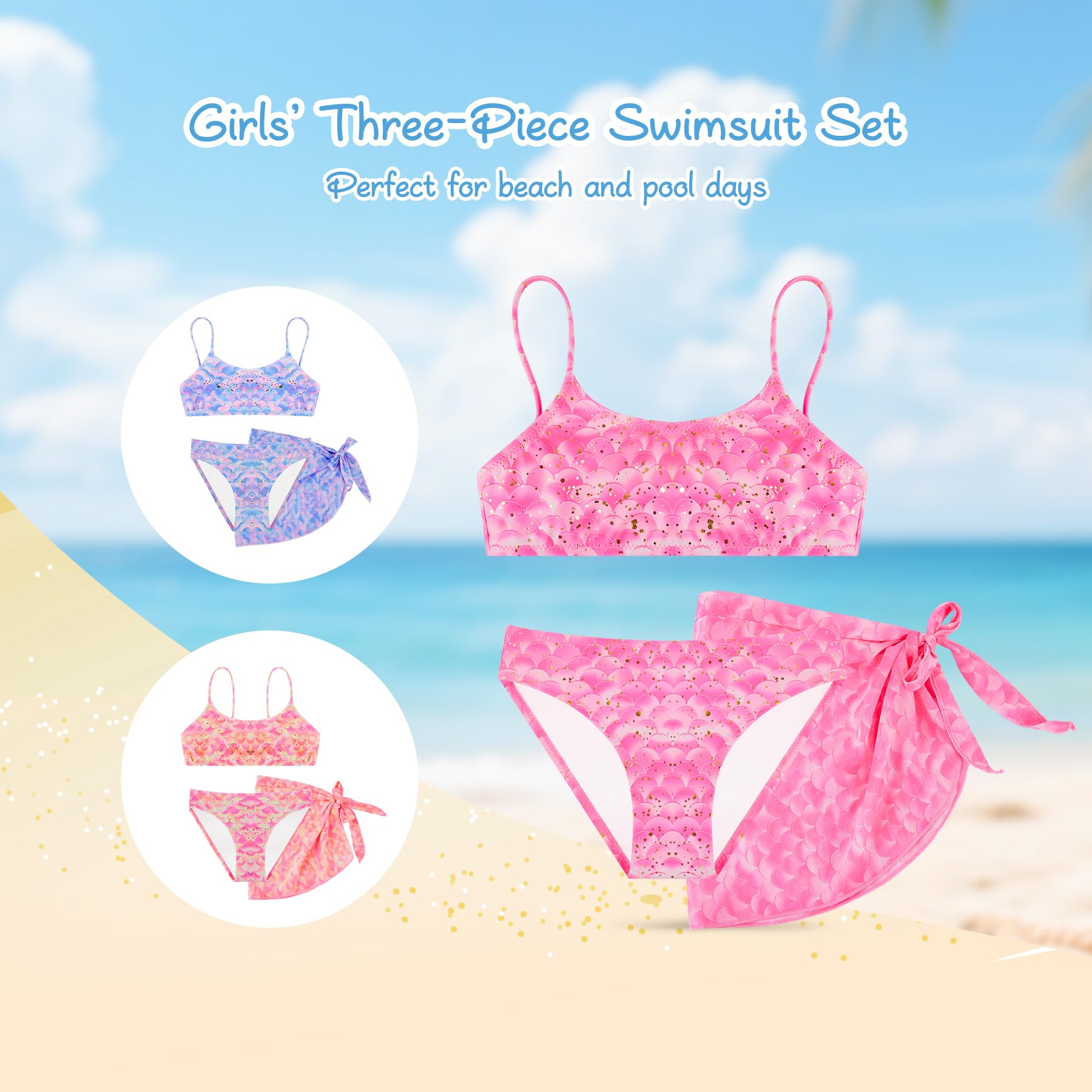 Conjunto Bikini Niña 3 Piezas con Falda Sarong, Bañador Dos Piezas con Tirantes Ajustables, Ropa de Playa y Piscina para Niñas de 4–12 Años
