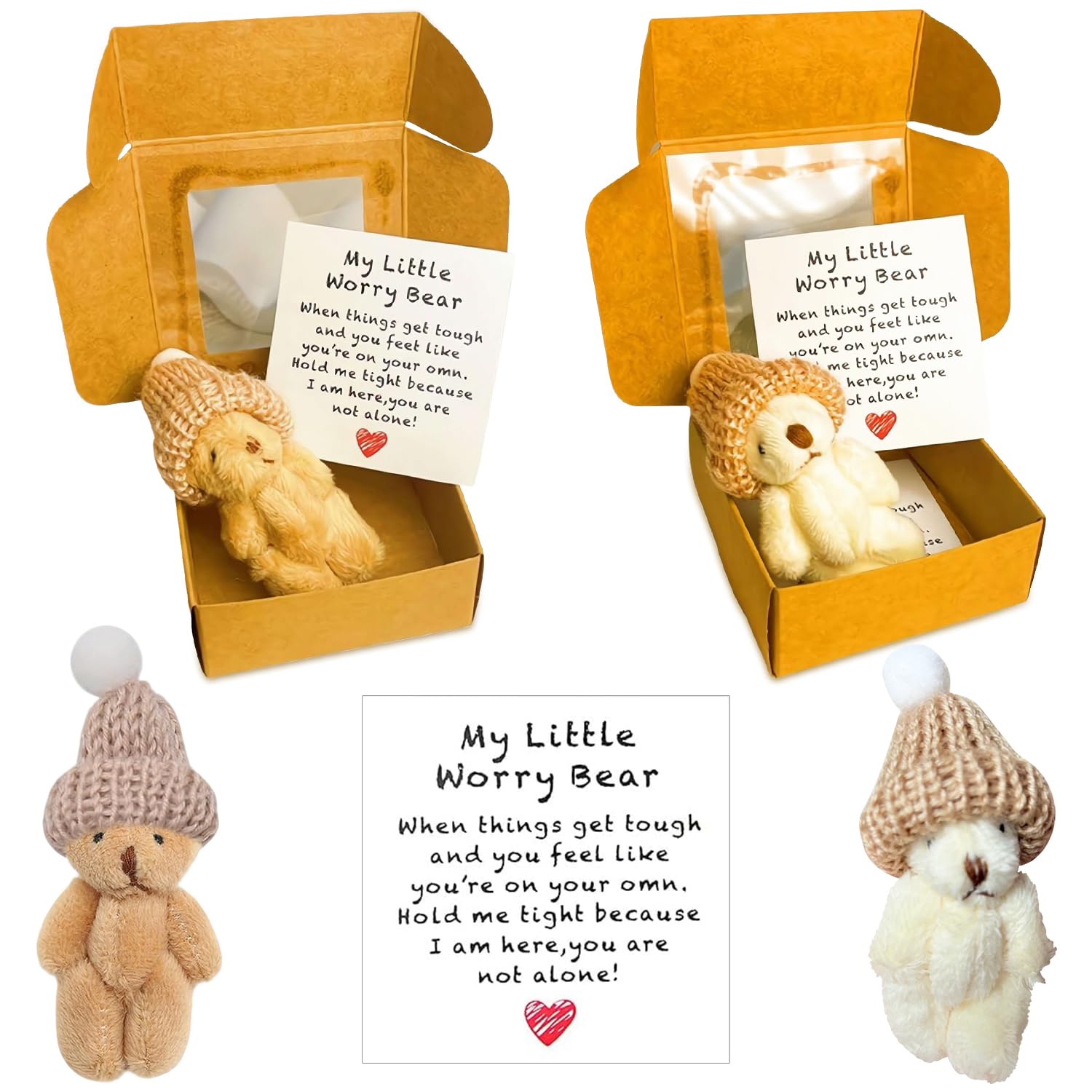 Spiritzohic Worry Bear Hug in a Box,Fluffie Stuffies Bear Doll Little Pocket Hug, Get Well Soon Gifts for kids,Christmas Birthday Gifts for Children Women Lover Friend Couple 2pcs