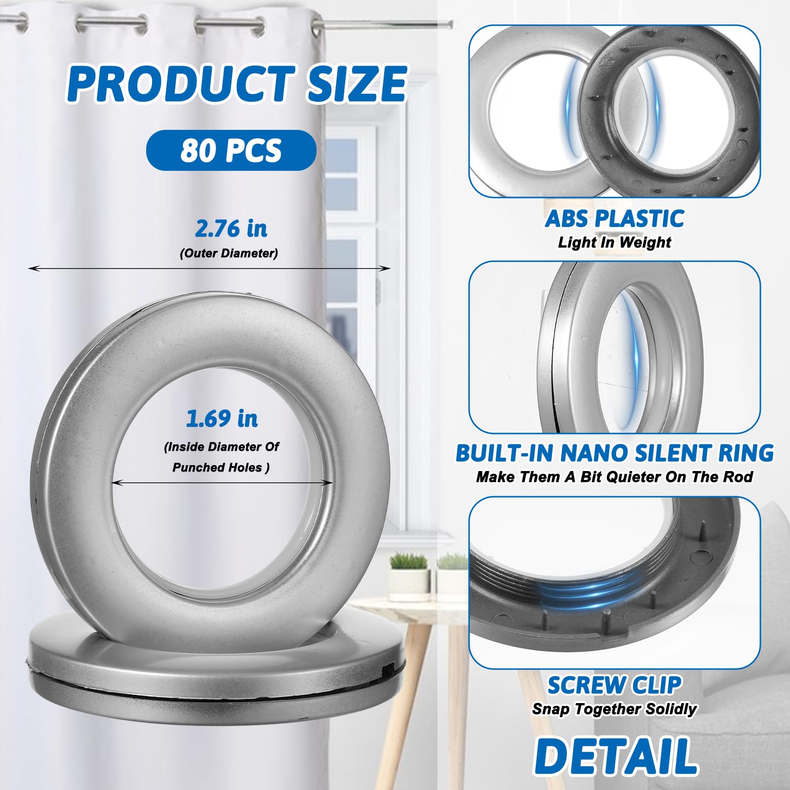 Curtain Grommets - 80 Pack Matte Silver -2