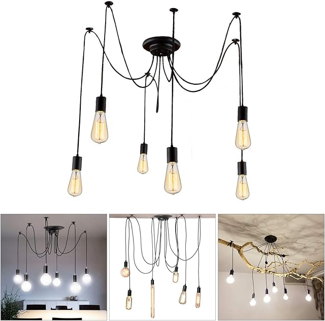 Lightess Industrial 6 Heads Spider Pendant Lights Vintage Spider Ceiling Lamp Adjustable Cluster DIY Ceiling Lights Multiple E27 Bulb Socket for Dining Room Restaurant Living Room Bedroom Workshop