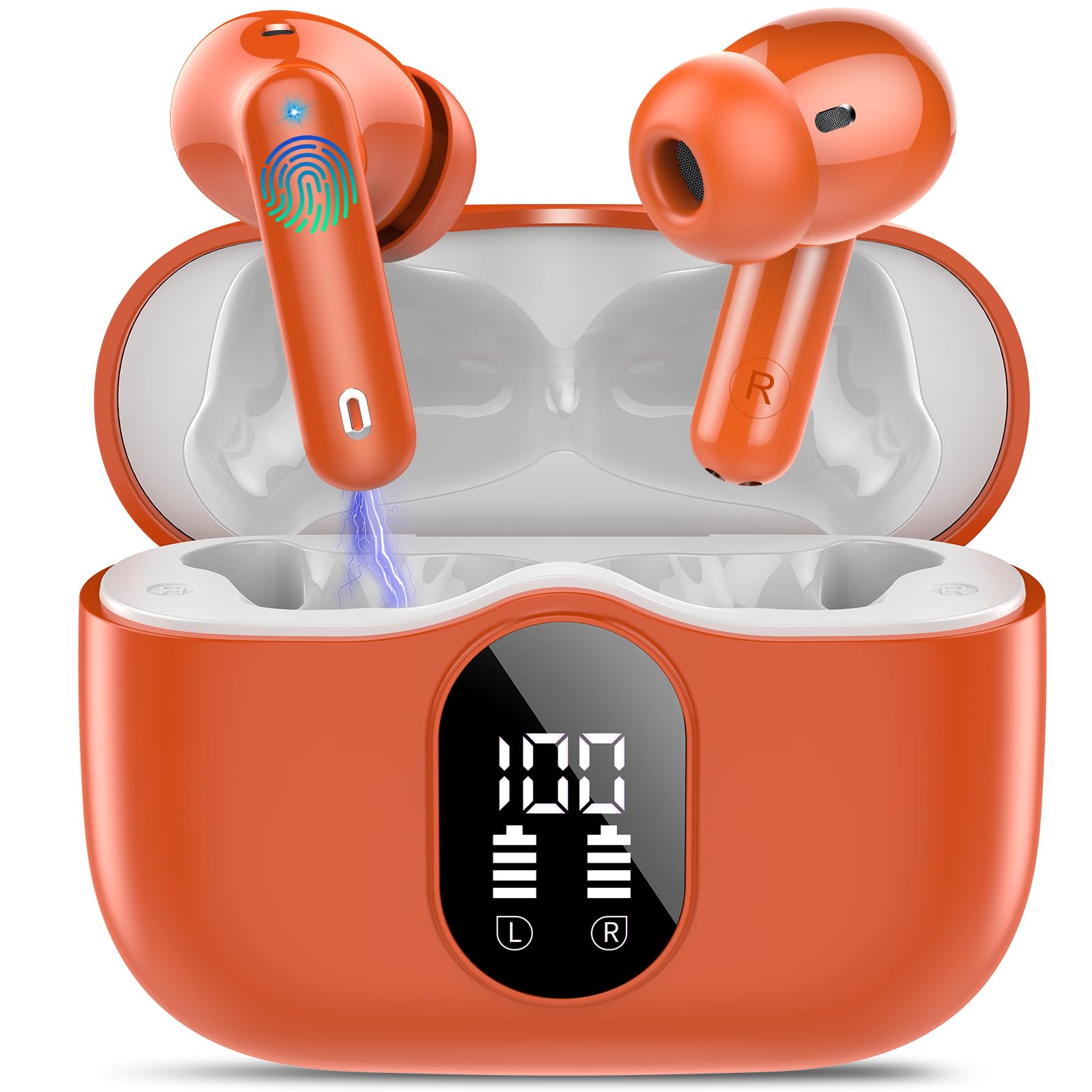 Wireless Earbuds, Bluetooth 5.4 Headphones Bass Stereo, Ear Buds with Noise Cancelling Mic, IP7 Waterproof in Ear Earphones, 36H LED Display Bluetooth Earbuds for Laptop Pad Phones, Deep Orange