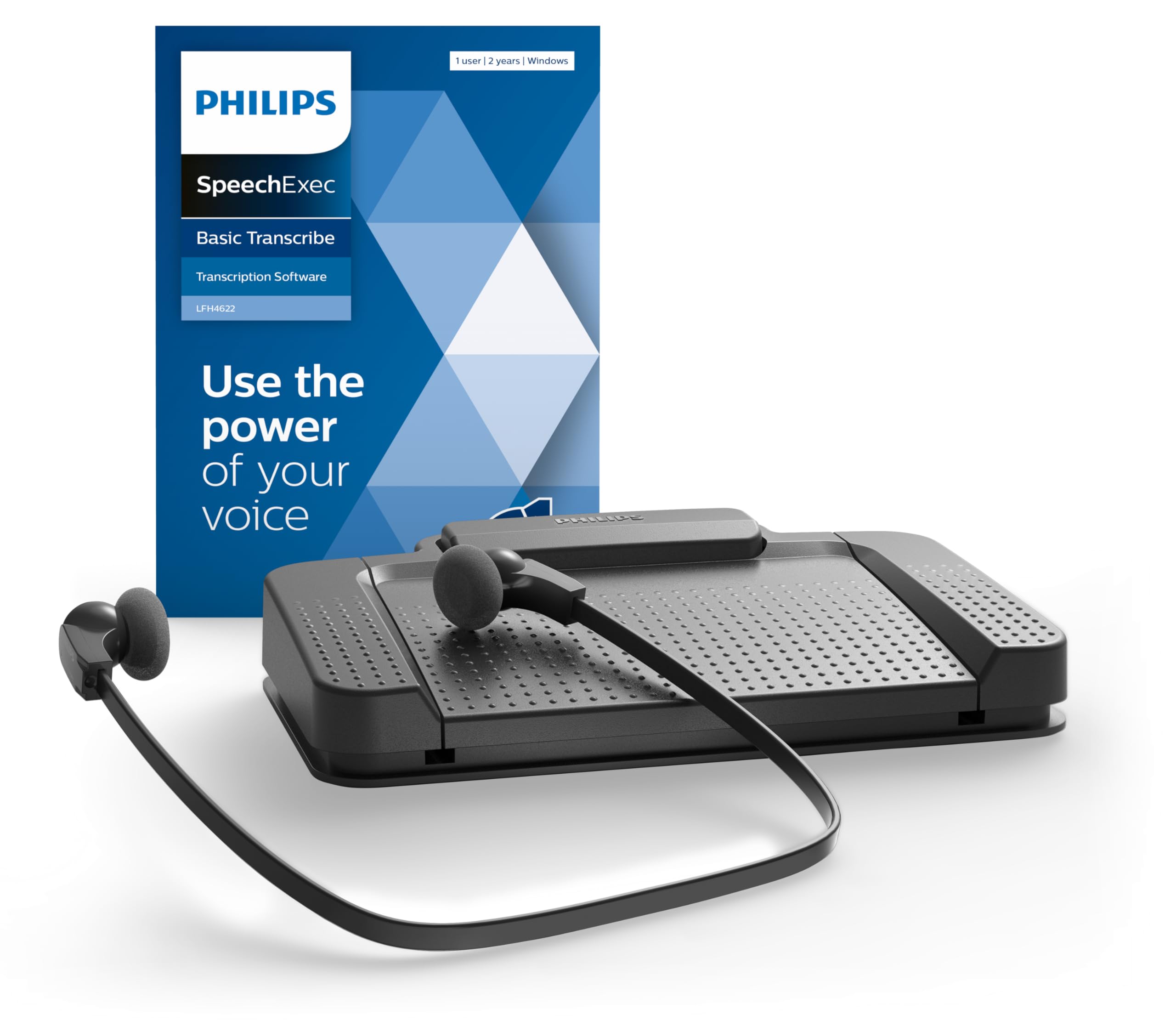 Philips LFH7177/06 Wiedergabe-Set, ergonomischer USB-Fußschalter ACC2330, Stereo-Unterkinn-Kopfhörer LFH0334, inkl. Software SpeechExec Basic Transcribe 2-Jahres-ABO