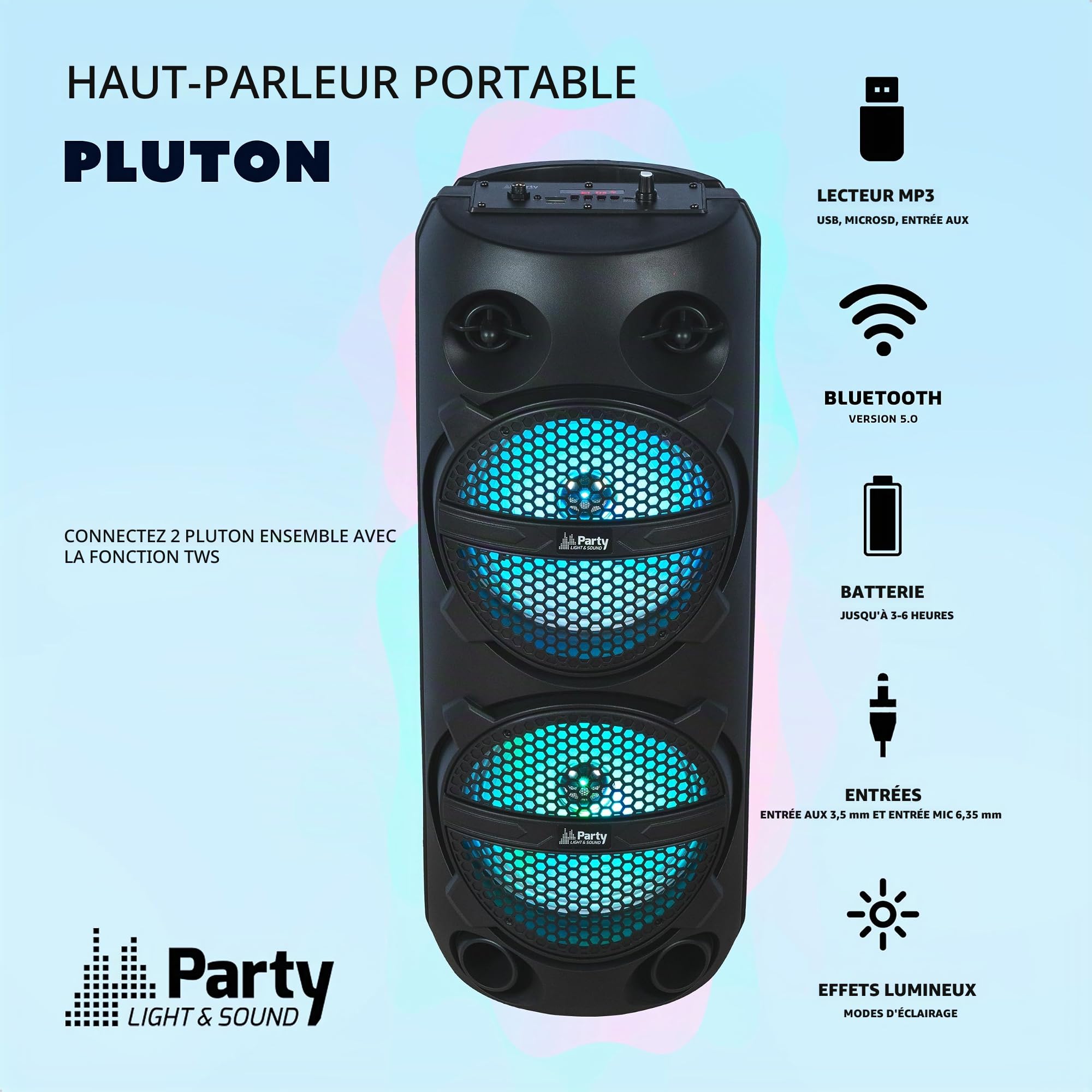 Party Light & Sound - Pluton - Enceinte, Baffle de 2 x 8”/20cm de 300W sur Batterie Rechargeable - Effet Lumineux - 1 Micro Filaire et 1 télécommande - Bluetooth, USB, Micro SD et TWS - Noir