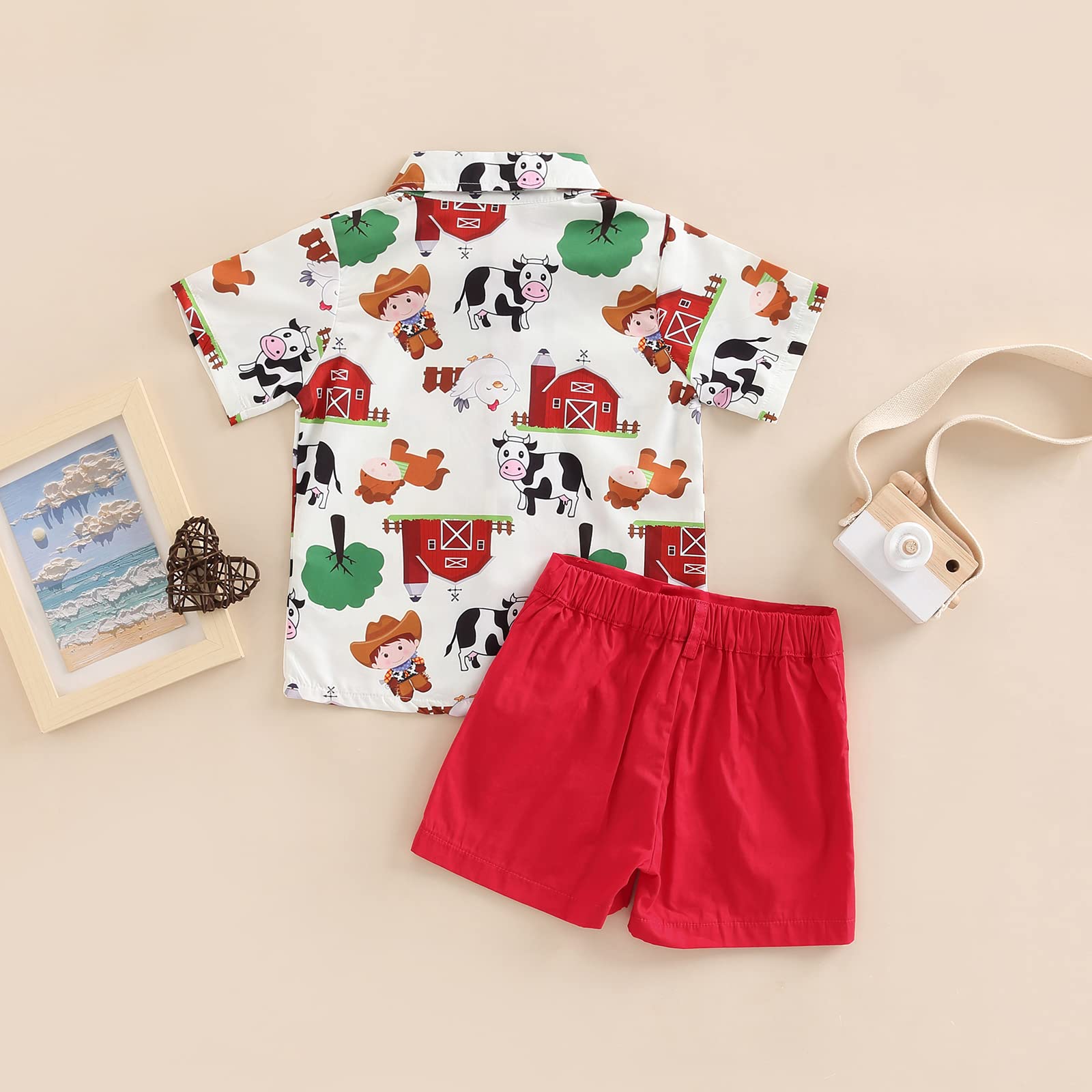 Toddler Baby Boy Christmas Clothes Santa Cow Print Short Sleeve Button Bowtie Shirt Bib Shorts Set Gentleman Outfit (Red Farm, 2-3 Years)