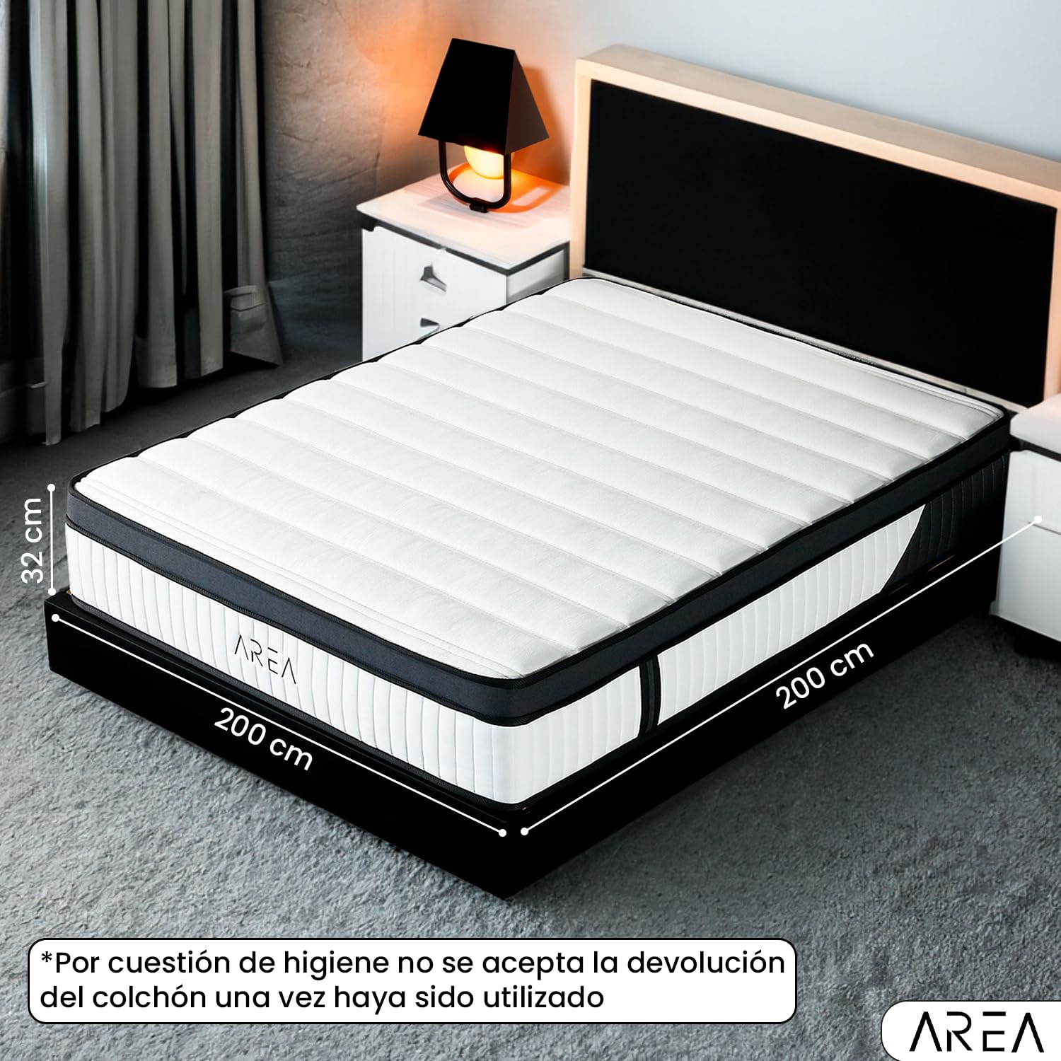 unycos - Area | Colchón Viscoelástico de Última Generación, Medida 200x200 cm, Altura 32 cm - Propiedad Transpirable, Antiácaros, Memory Foam, Núcleo de Muelles Ensacados, Termorregulador (Cloud)