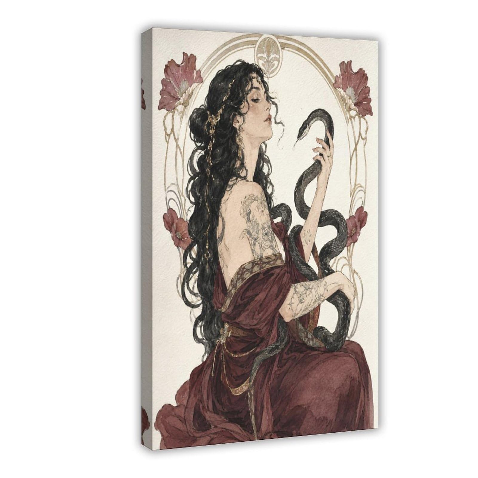 H3b8u2y5 Frame-Style-1 Snake Goddess With Black Serpents Canvas Wall Art, Dorm Decor