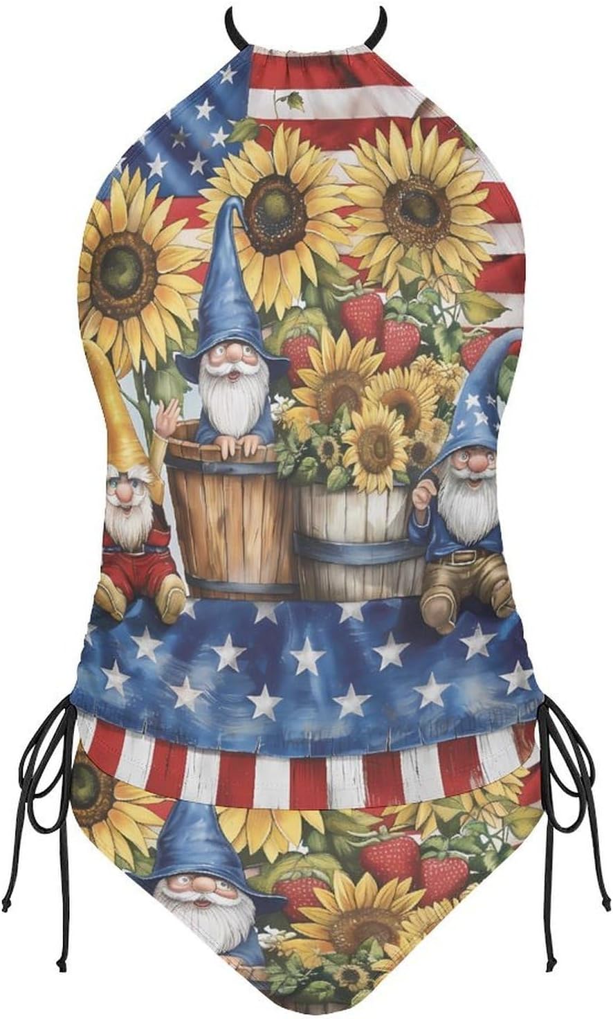 U.S. Flag Sunflower Gnome Women's Tankini Swimsuit Two Piece Tummy Control Bathing Suits Tie String Swimwear
