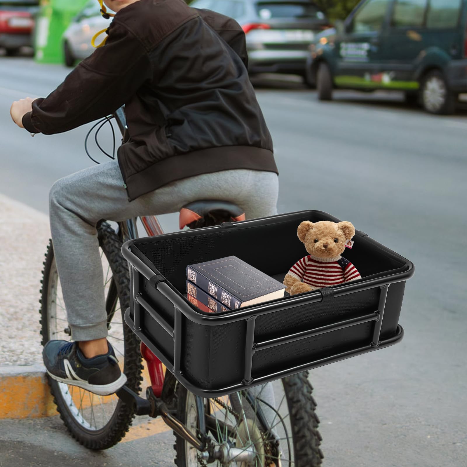 Panier de vélo arrière 456 x 320 x 150 mm, panier de roue arrière avec filet à bagages, doublure intérieure amovible, capacité de charge jusqu'à 70 kg, panier de porte-bagages pour chiens, animaux