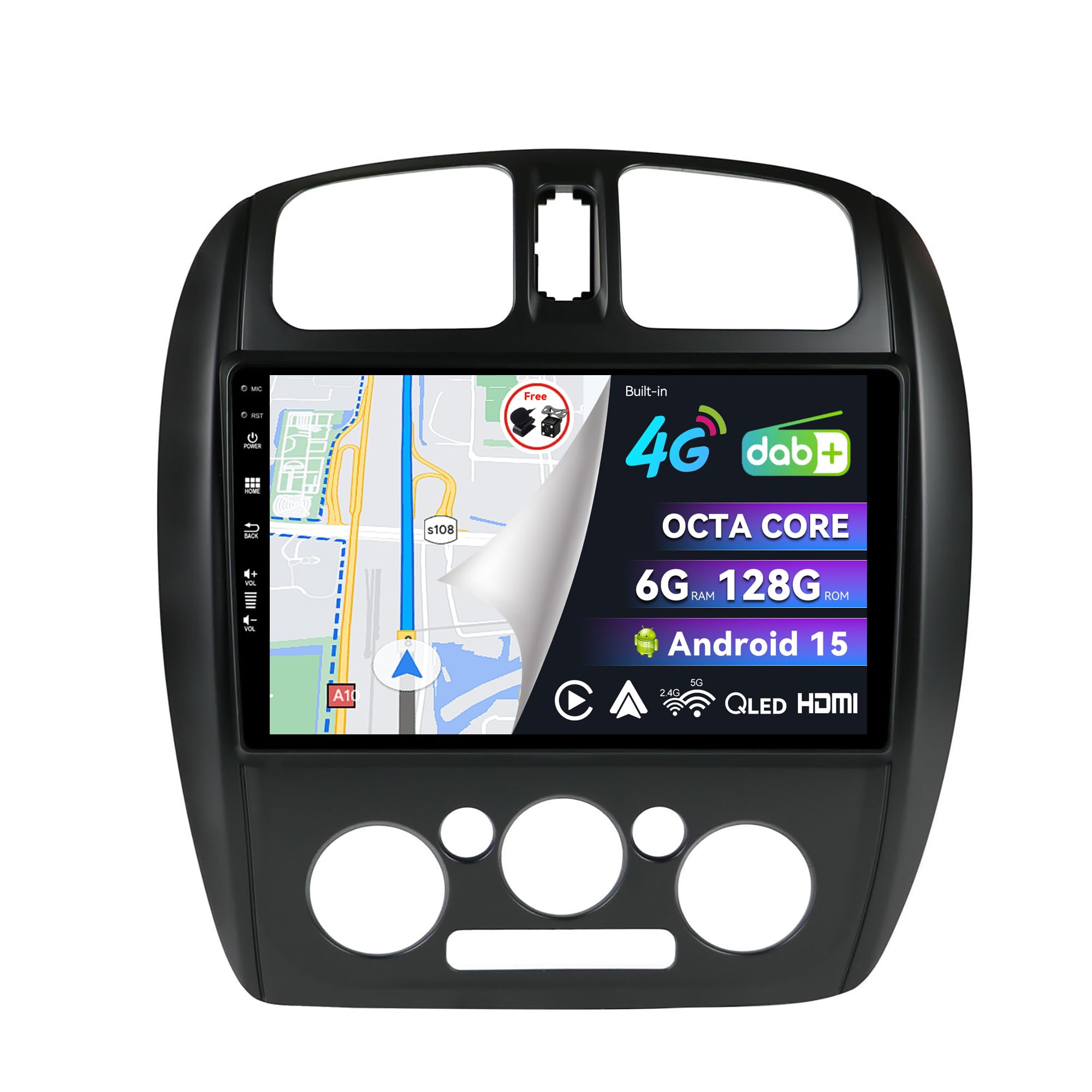 Wbudowane radio samochodowe 4G DAB] 6G + 128G, Android 15 radio samochodowe do Mazda 323 2000-2003 / Haima Family 2006-2010 / Happin 2004-2012 - Bezprzewodowe CarPlay z Androidem samochodem