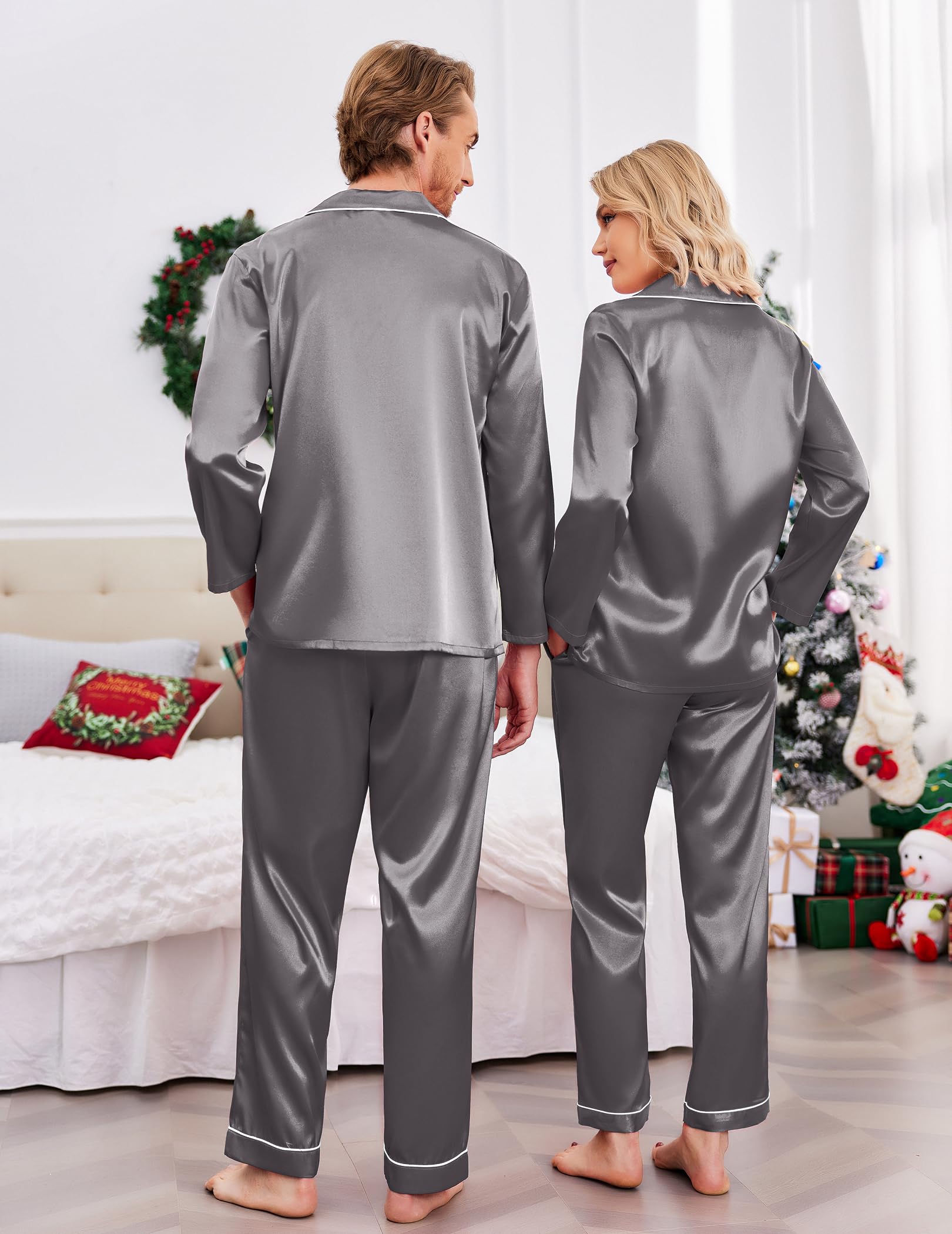 Ekouaer Pijamas a juego para parejas, de seda, de manga larga, de satén, suave, con botones, tallas S-XXL, Gris oscuro, Small