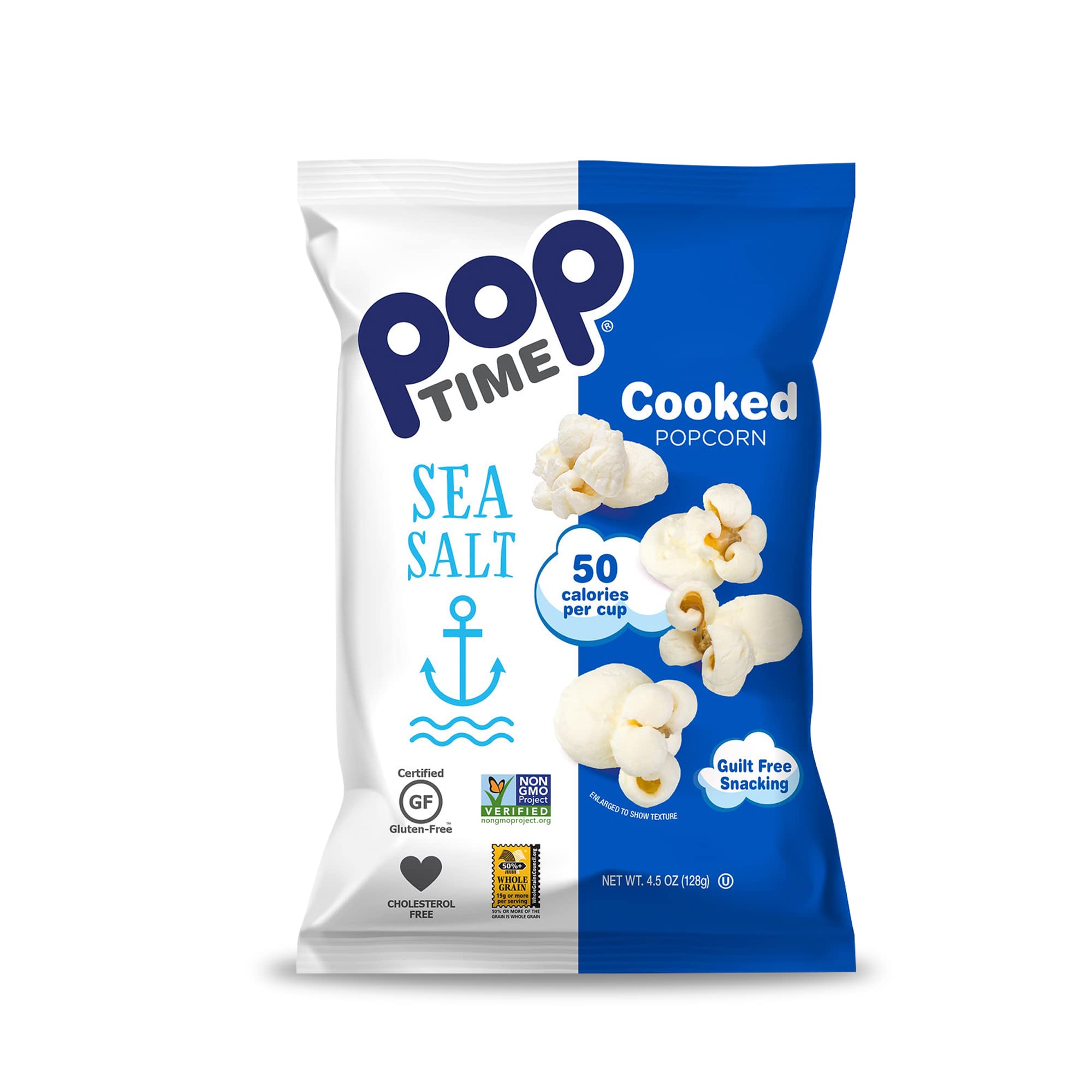 POPTime Cooked Popcorn, Sea Salt Flavour, Gluten Free, Dairy Free and Nut Free Snack, Large Pack of 6 x 128 grams
