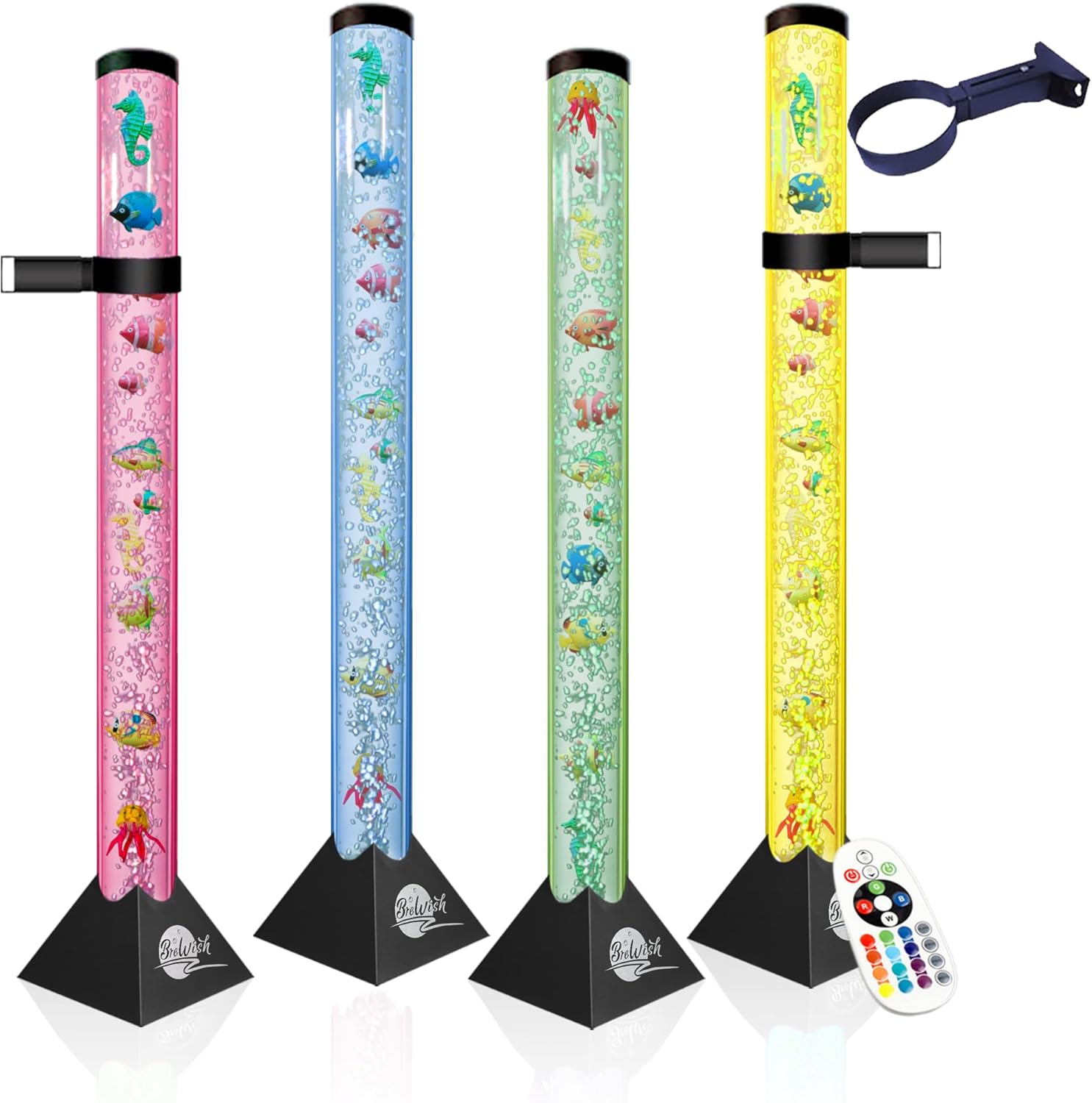 Brewish 4FT Bubble Tube Lamp with Replaceable Pump | 16 LED Color Changing Fake Aquarium Night Light with Remote & 12 Fish, No-Glue Design, Home Decor, Ideal Gifts, Sensory Lights for Autism & ADHD