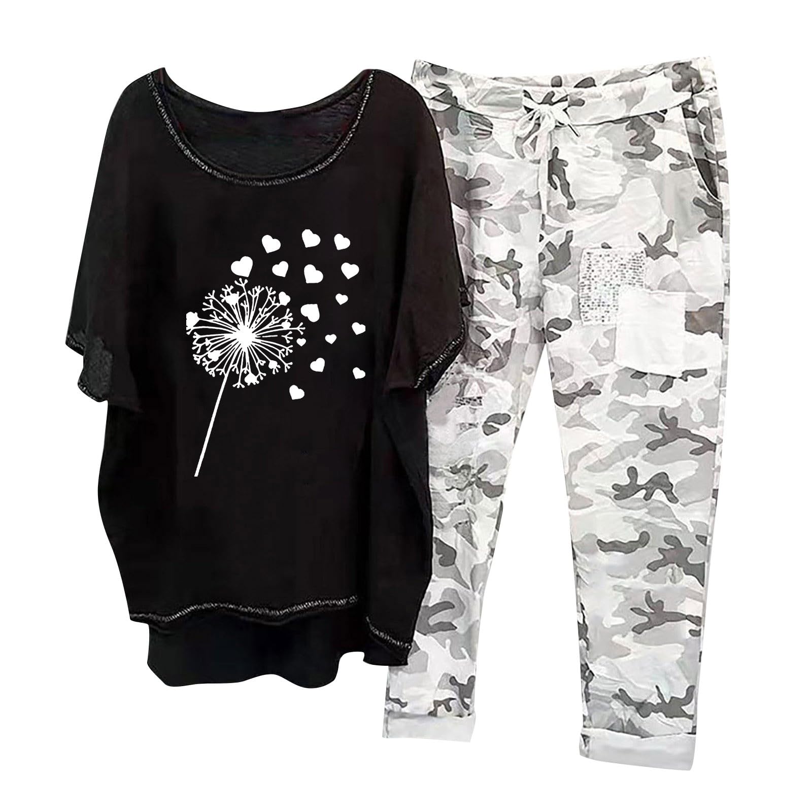 Traje de verano para mujer, cuello redondo, estampado de camuflaje, lavado, arrugas, suelto, casual, traje de pantalón para madre de la novia