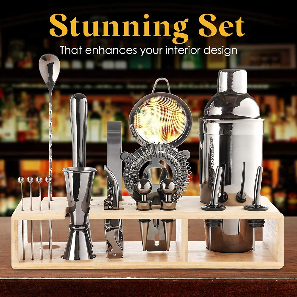 KinGrow Set Shaker Per Cocktail Da 23 Pezzi Con Supporto Acrilico – Professionale Per Bar E Feste, Include Ricette E 4 Pietre Per Whisky - 2