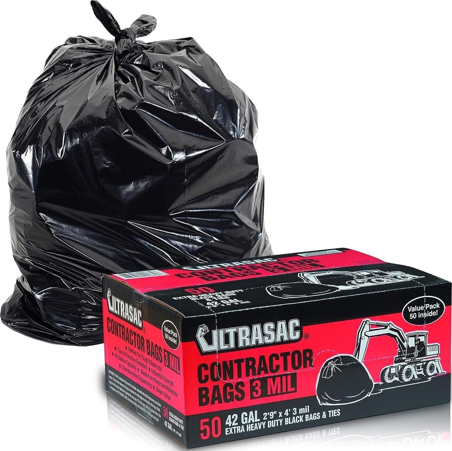 Ultrasac Bolsas para contratistas resistentes (paquete de 50 lazos), 42 galones, 32.7 x 47 pulgadas, bolsas de basura industriales grandes negras de 3 mil de grosor para construcción y uso comercial