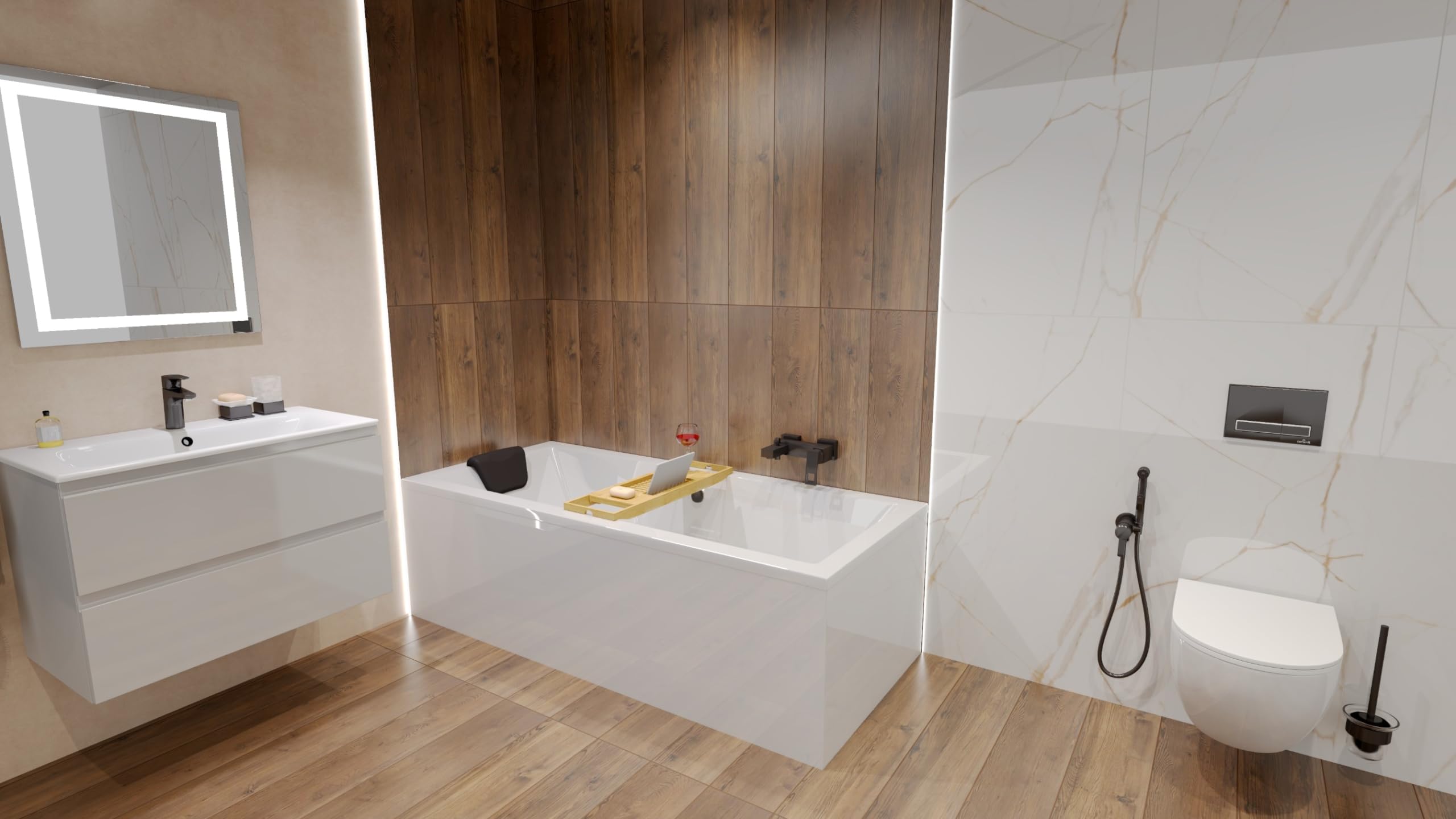 BADLAND Premium Set 5in1 Badewanne Rechteck Acryl Weiß Wanne QUADRO 175x80 cm, Made in EU + Verkleidung (Styropor) + Nackenkissen KODI, Moderne Design, mit Ablaufgarnitur und Füßen