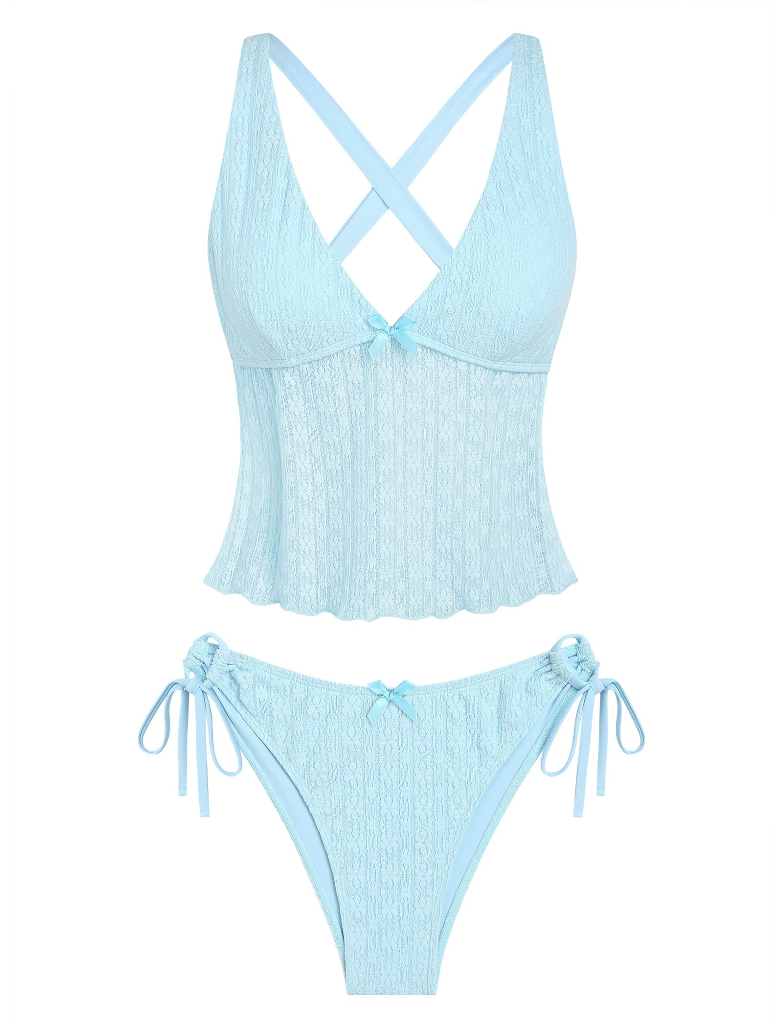 Photo 1 of ZAFUL Women's Tankini Set V Neck Tummy Control Floral Printed Tie Side Thong Bikini Swimsuits 2 Piece Bathing Suits(C-Blue,XL)