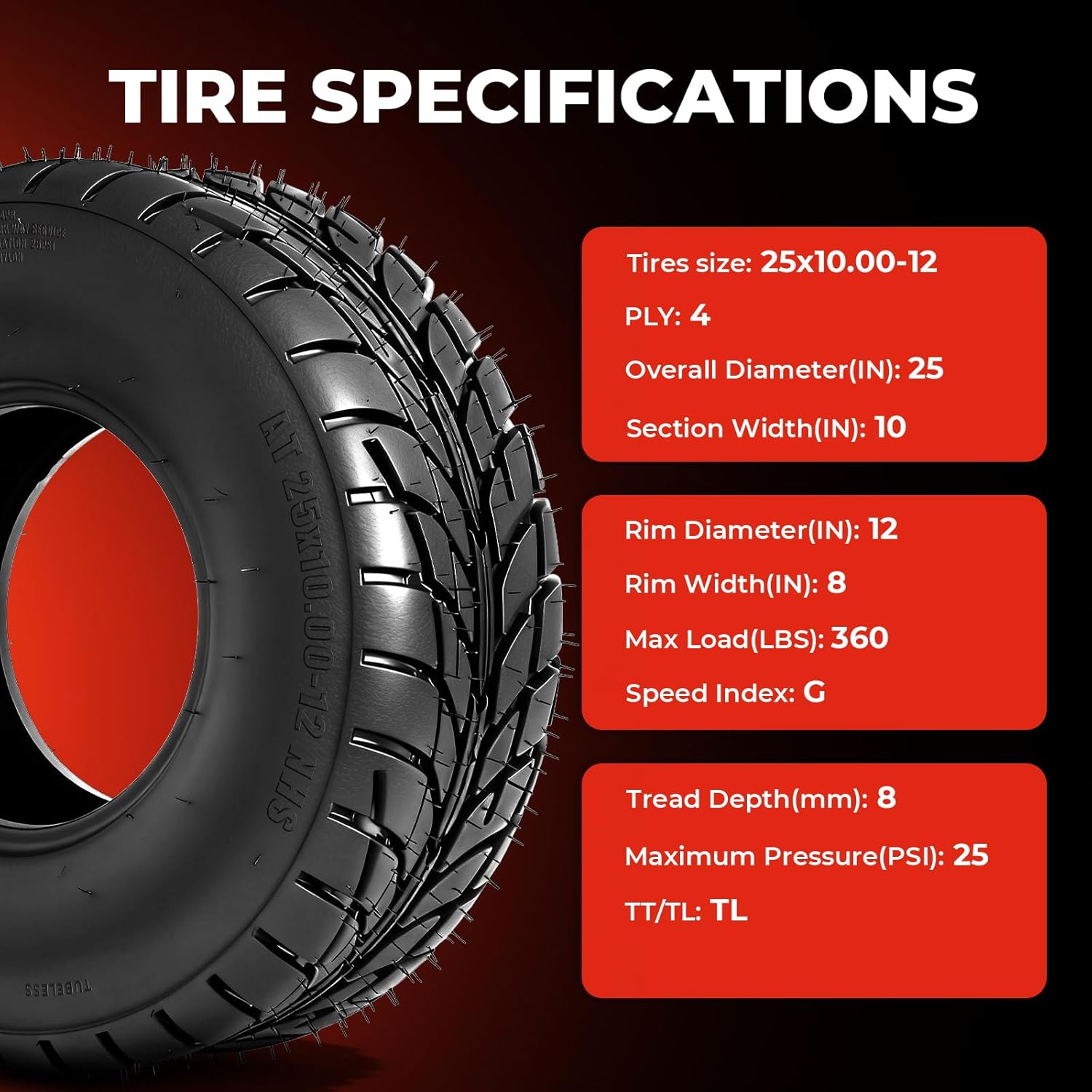 Set of 2 ATV/UTV Tires 25x10-12, 4PR 25x10x12 Heavy Duty All-Terrain Tires, Tubeless, Directional Tread