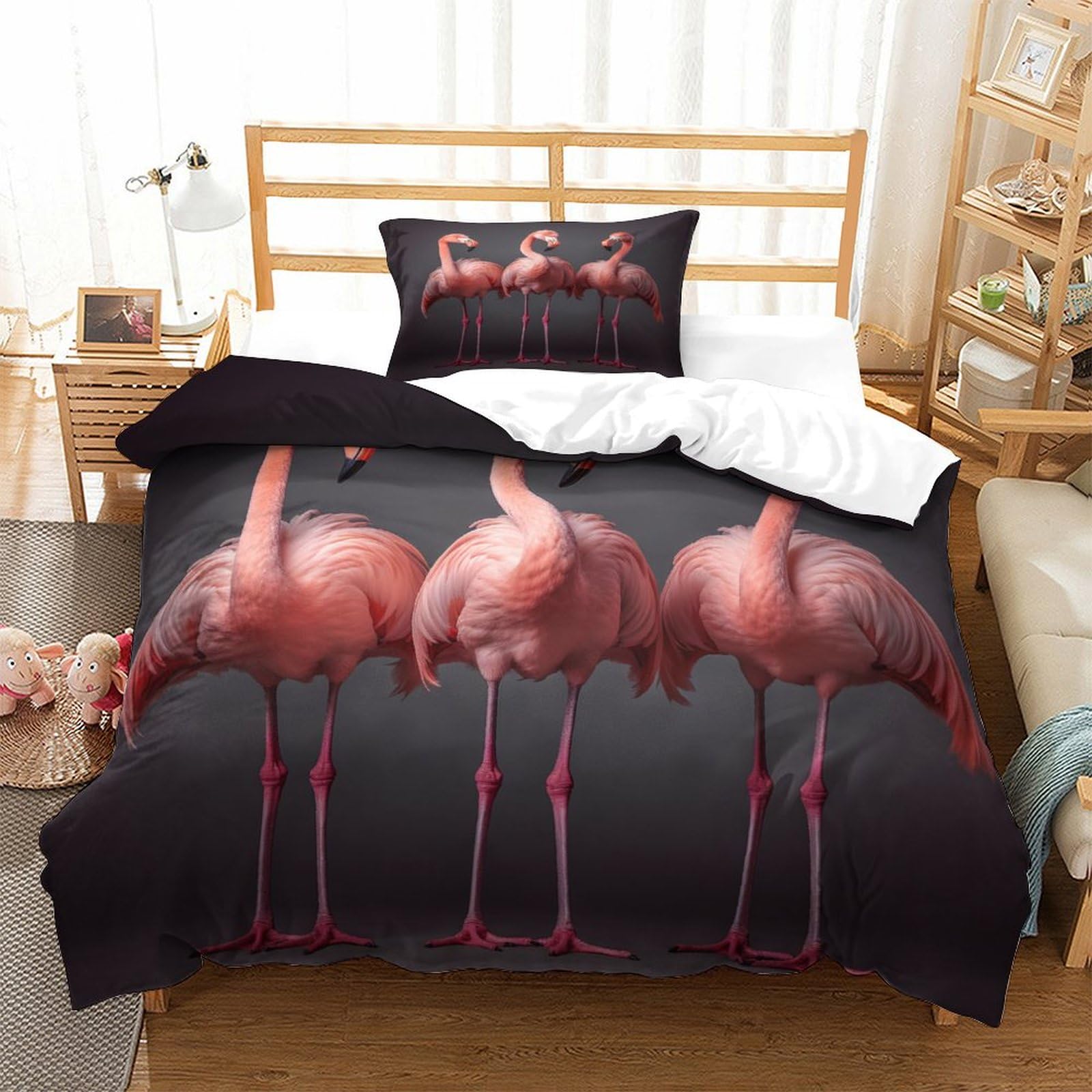 P1S9U7W5Y 3D Printed Flamingo Decor 3 Pieces Soft Microfiber Duvet Cover Set for Adults Teens Bedroom Breathable Flamingo Bedding Set Single（135x200cm）