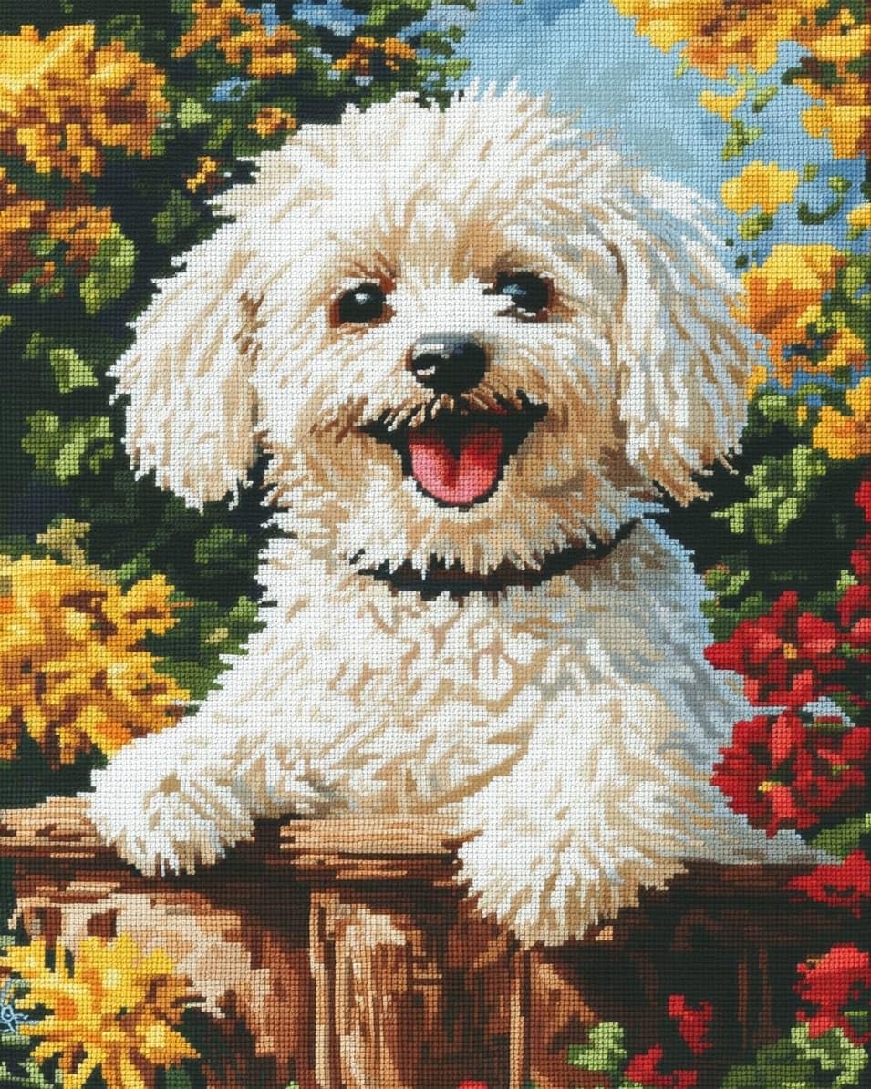 WallustrioaW 11CT Cross Stitch Embroidery Kits,Bichon Frise Animal Dog,Cross Stitch Full Kit DIY Embroidery Sewing Handicraft for Adults Home Decor,16x20in