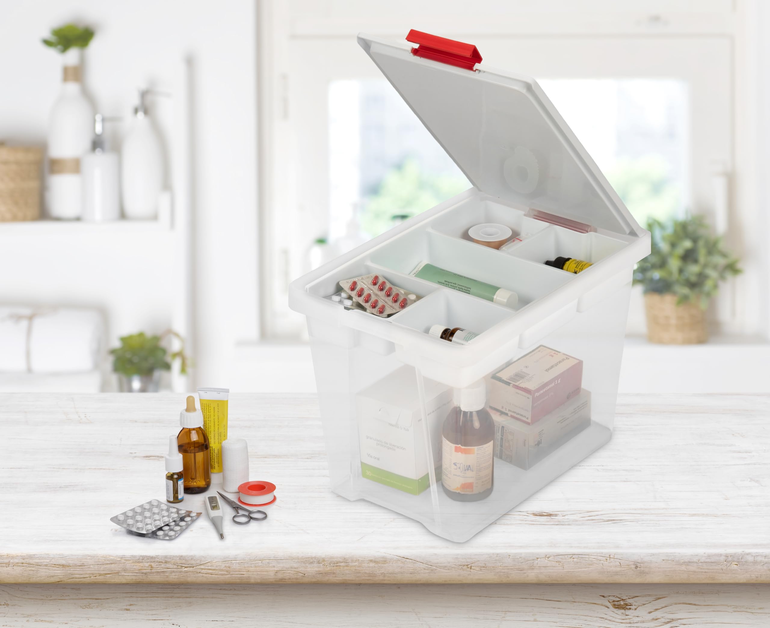 TATAY Boîte à Pharmacie 15L | Boite de Rangement avec Couvercle + Plateau 5 Compartiments | Couvercle à Charnière | Poignées Ergonomiques | Plastique Recyclé Sans BPA | 25x36x26 cm, Blanc
