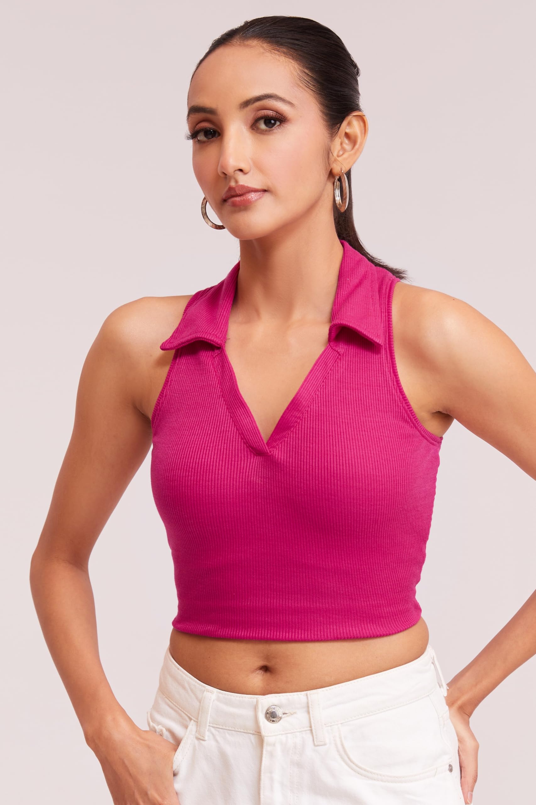 BERRY BIRD® Stylish Sleeveless V-Neck Slim Fit Collar Ribbed Knit Tank Crop Tops for Women & Girls Beach and Gym Wear and Western Trendy Fashion Pink 2
