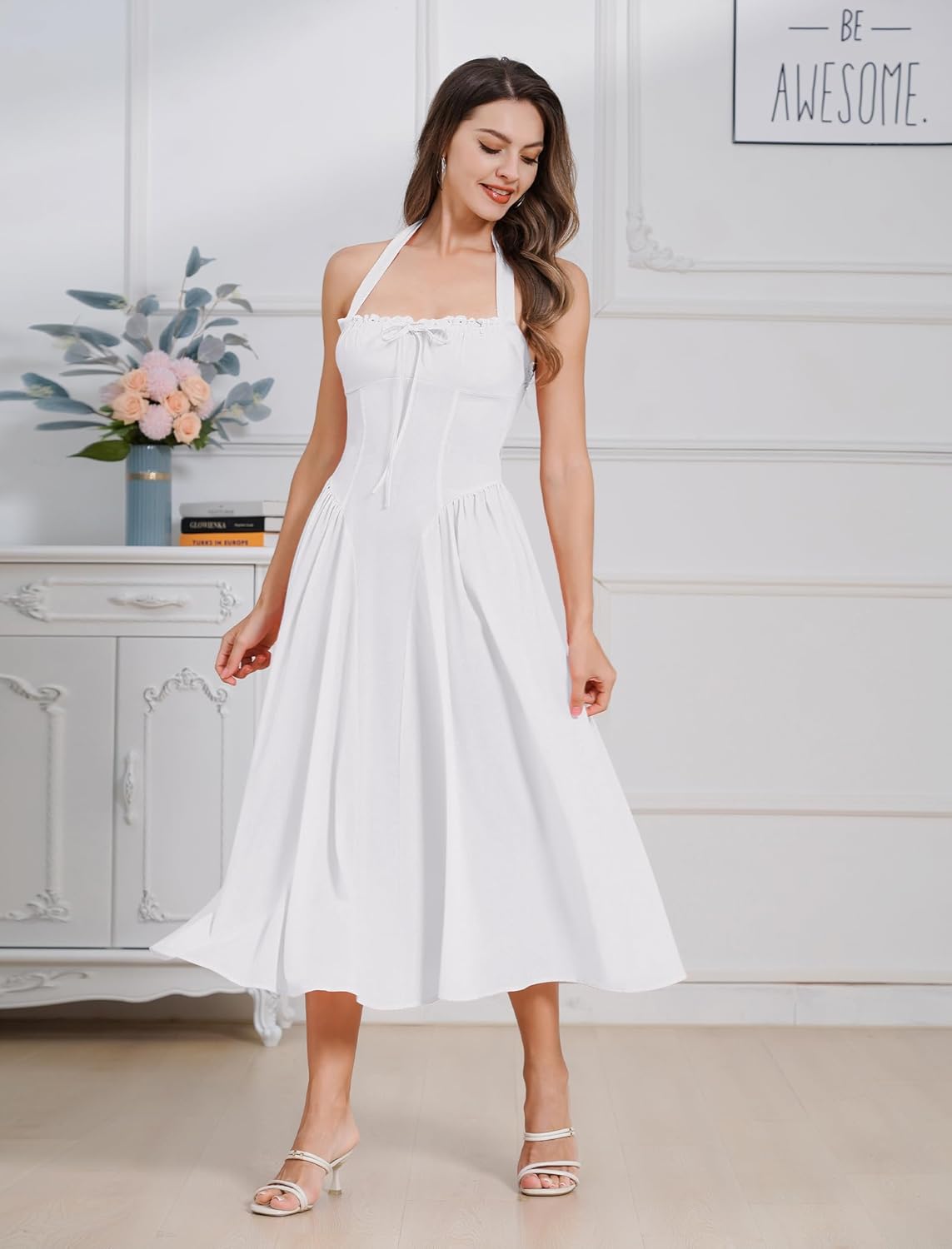 Floral Corset Dress Solid Long Dress Sleeveless Halter Low Cut Dress Open Back Bustier Midi Dress Summer - Image 3