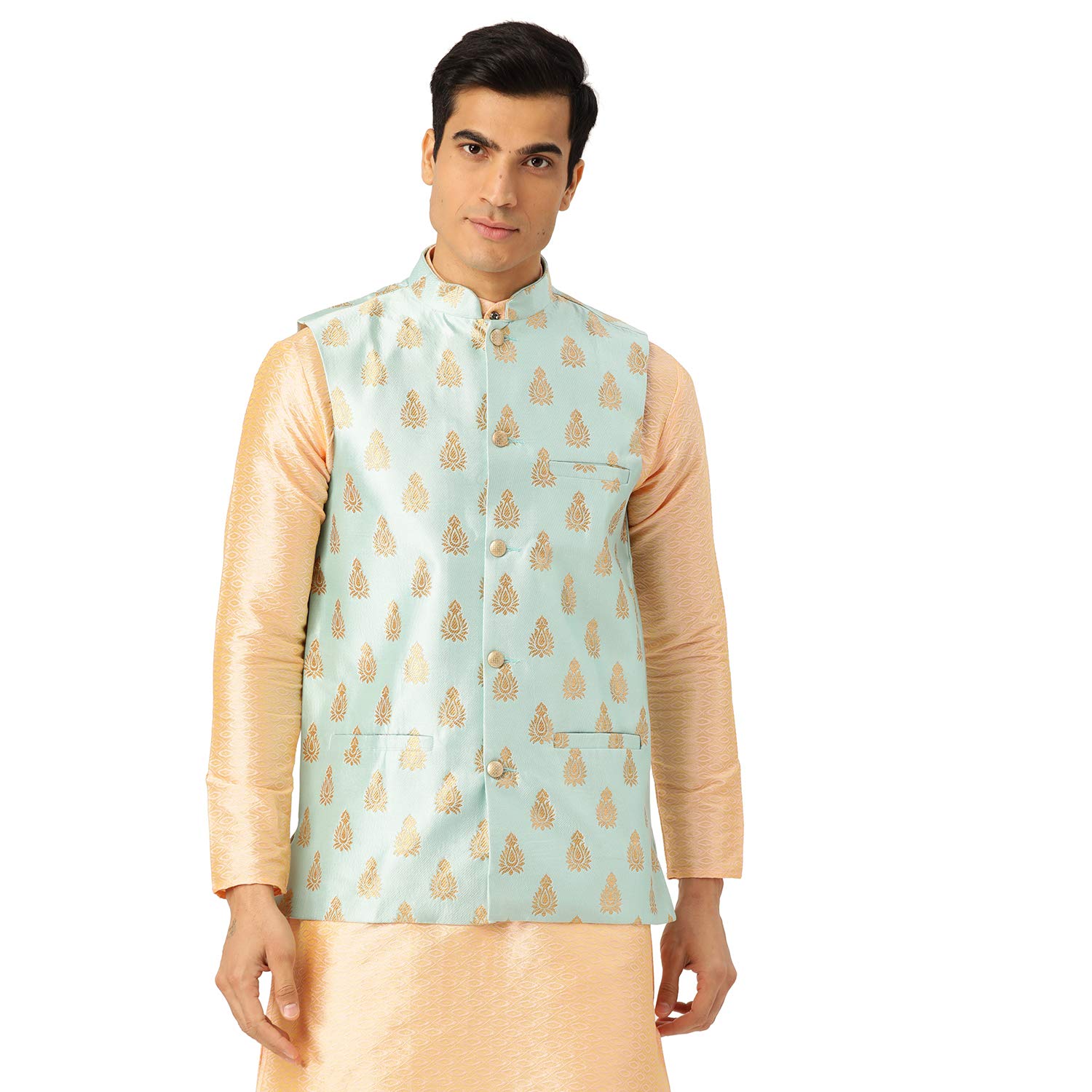 Sojanya (Since 1958, Men's Silk Blend Magenta & Gold Self Design Nehru Jacket