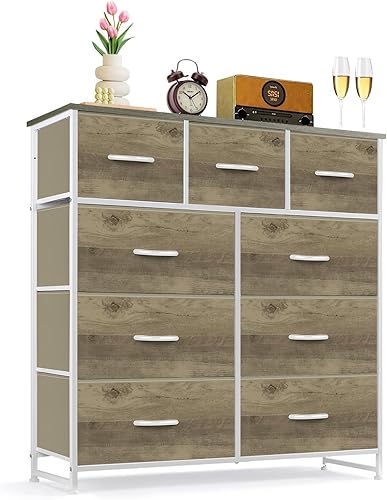 9-Drawer Dresser for Bedroom, Anti-Tip Tall Storage Organizer Chest of Drawers with Wooden Top and Metal Frame Fabric Bins for Closet, Living Room, Hallway, Entryway, Greige Oak