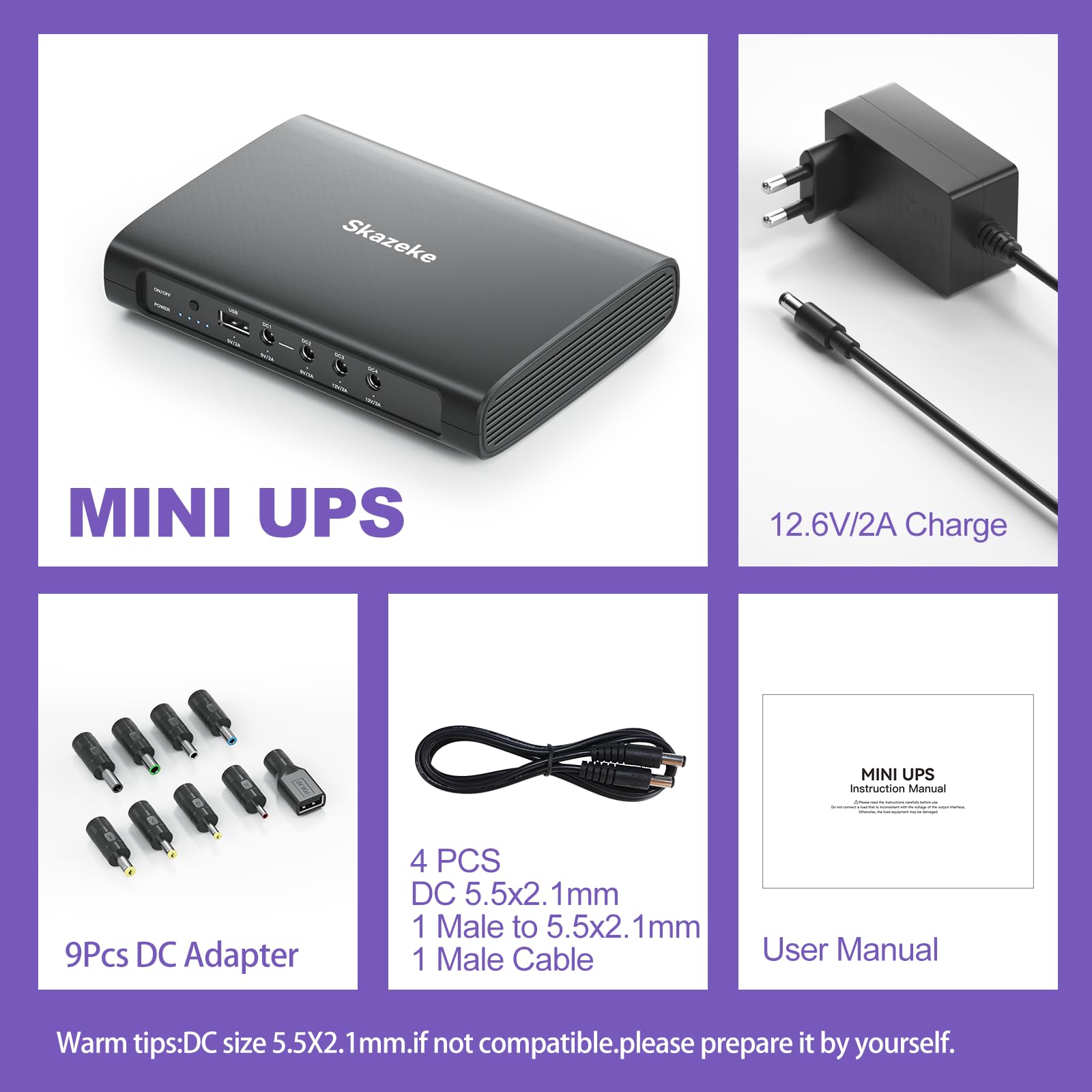 Mini USV,Skazeke 15000mAh Mini UPS mit 5 Ausgängen DC 5V/9V/12V/2A,USB 5V/2A, unterbrechungsfreie WLAN-Stromversorgung für Router/Modem/IP-Kamera/Spectra S2 Milchpumpe und mehr
