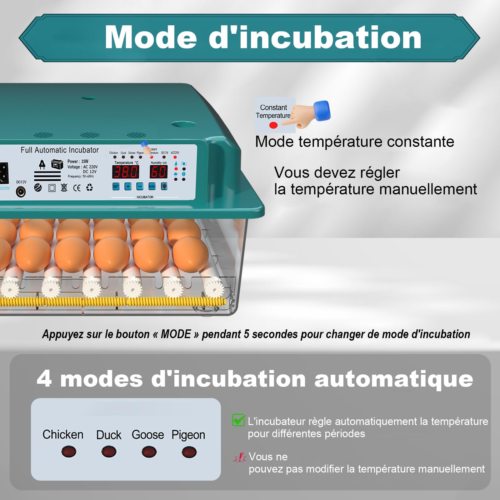 CoInceptus Couveuse Oeuf Automatique, Incubateur Oeuf Automatique 24-36 Oeufs avec Retournement Automatique des Oeufs et Humidification Automatique, Couveuse pour Oeufs de Poule, Caille, Canard