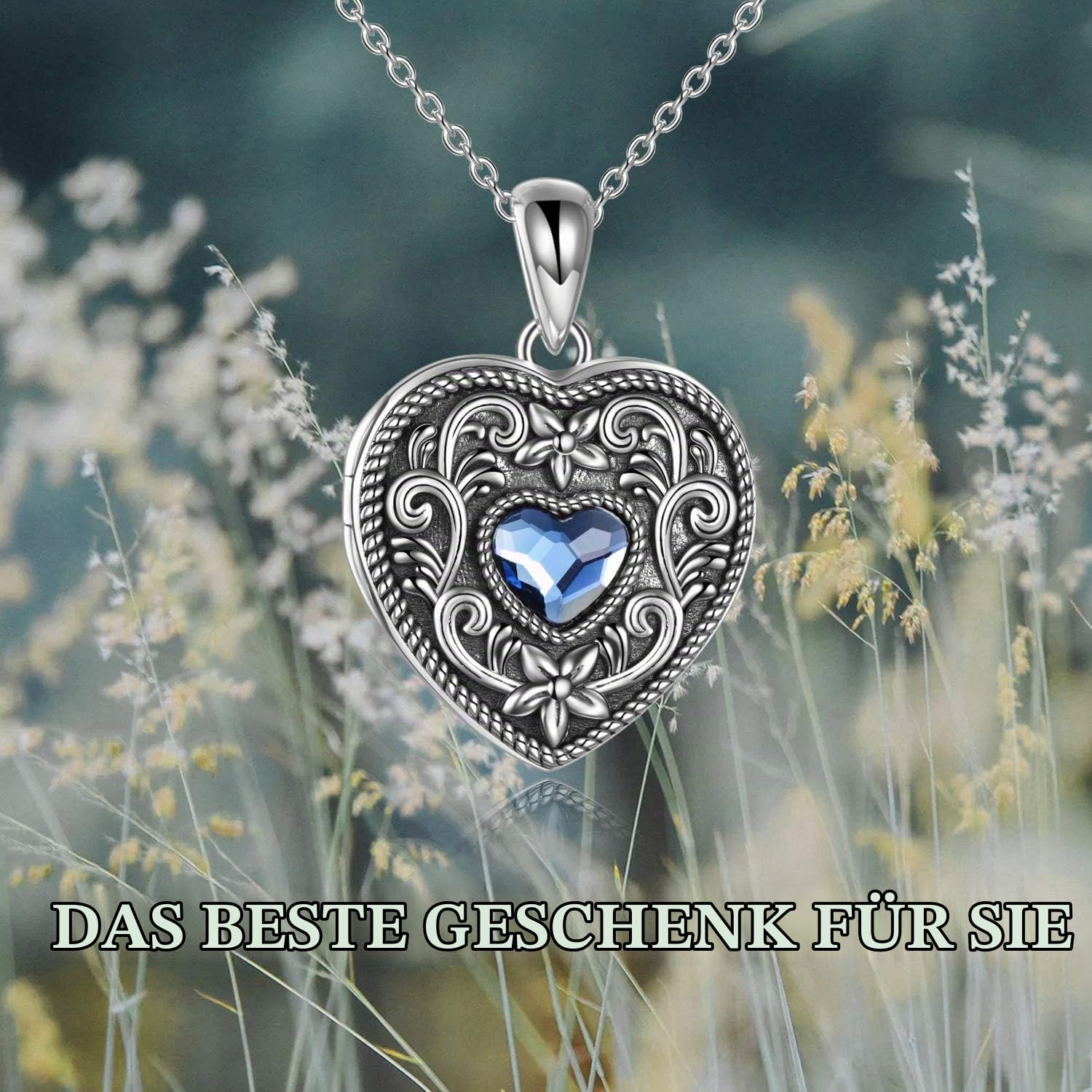 URONE Sterling Silber Herz Foto Medaillon Vintage Anhänger für Frauen Bild Medaillon Schmuck mit Kristall aus Österreich Geschenke für Frauen Mädchen