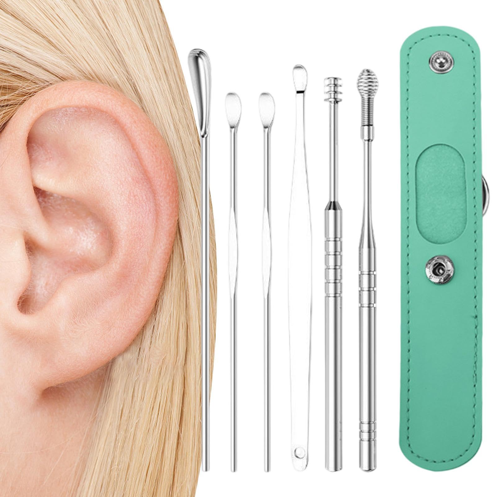 Earwax Removal Kit 6PCS Stainless Steel Ear Cleaner Tools with PU Case Reusable Ear Picks Curette Scoop Set