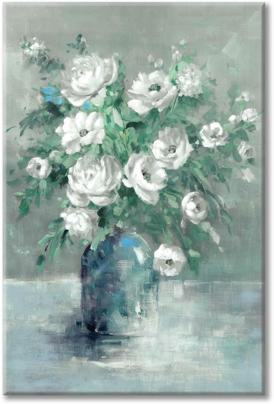 UTOP-artWhite Rose Wall Art Painting: Flower with Green Leaves Canvas Picture Hand-Painted Artwork for Office (36'' x 24'' x 1 Panel)