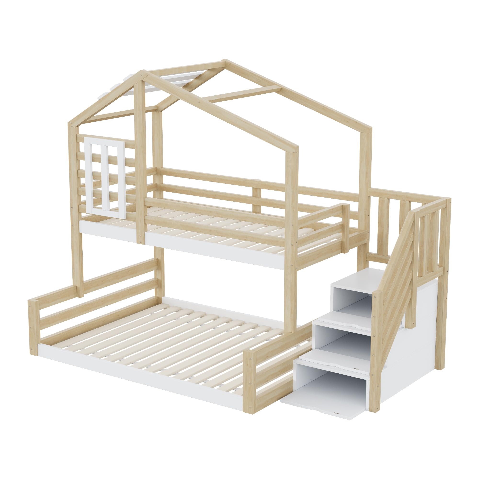 Etagenbett Kinderbett 90x200 & 140x200 cm, Hochbett Hausbett mit Treppe Stauraum und Fenster, Bett Bettgestell mit Lattenrost und Rausfallschutz, Holzbett für Kinder, Ohne Matratze, Natur