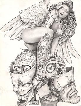 Sexy Angel by Mouse Lopez Stripper with Skulls Tattoo Framed Fine Art Print