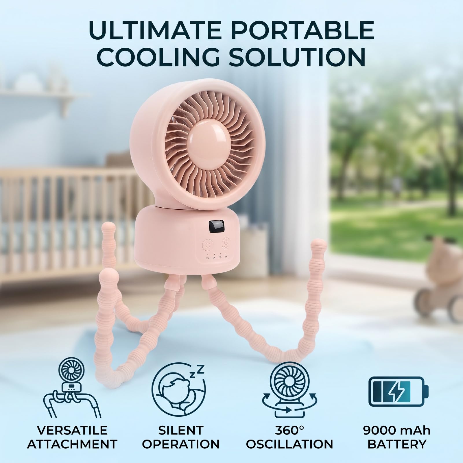Jectse Ventilador Portátil Recargable para Cochecito de bebé, Ventilador Oscilante de 360 ​​grados, de Escritorio Silencioso con Trípode Flexible, de Camping con Batería de 9000 MAh para Exteriores