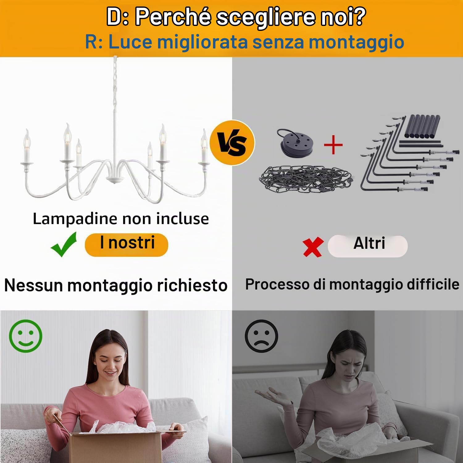 Lampadario Bianco, Lampadario in Stile Rustico Tradizionale, E14 Vintage a Candela in Ferro Battuto, Lampada a Soffitto a 6 Luci, Lampada Sospesa per Soggiorno Sala da Pranzo (Pre-collegato)